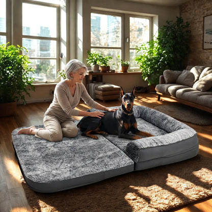 Lit-canapé-pour-chien-xxl-imperméable déhoussable et lavable en machine, matelas à mémoire de forme 100% coton éponge haute densité et haute résilience pour un soutien orthopédique pour chiens de grande race, housse douce en velours, effet peluche et accoudoir en U au rembourrage 100% coton haute densité-un chien de grande race couché avec sa maitresse assise pour des caresses et câlins sur le canapé orthopédique à mémoire de forme en version lit et déplié entourant dans le salon du grand appartement