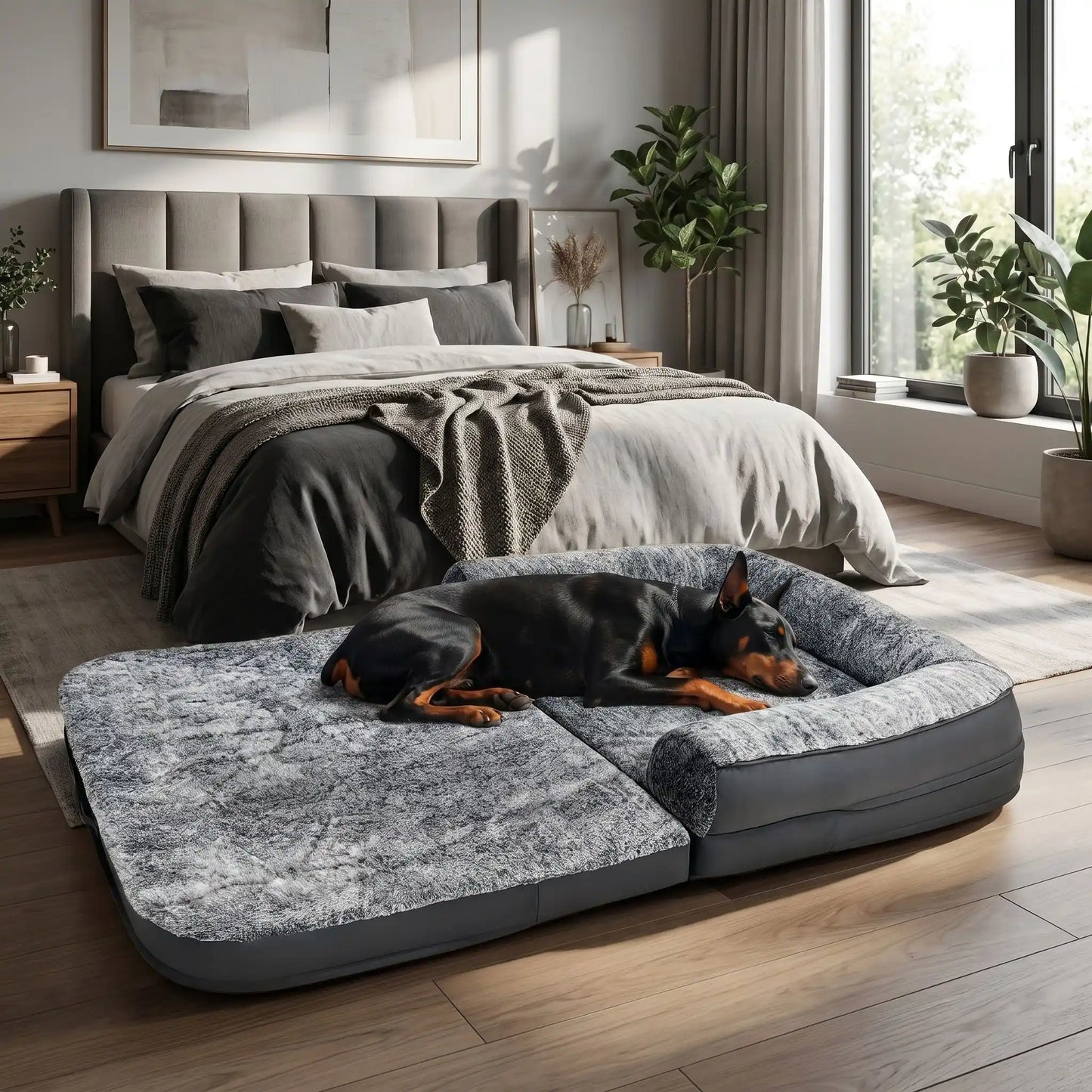 Lit-canapé-pour-chien-xxl-imperméable déhoussable et lavable en machine, matelas à mémoire de forme 100% coton éponge haute densité et haute résilience pour un soutien orthopédique pour chiens de grande race, housse douce en velours, effet peluche et accoudoir en U au rembourrage 100% coton haute densité-un chien de grand taille qui dort sur le grand matelas orthopédique à mémoire de forme du canapé convertible au pied du lit de son maitre au sol dans la chambre de la maison