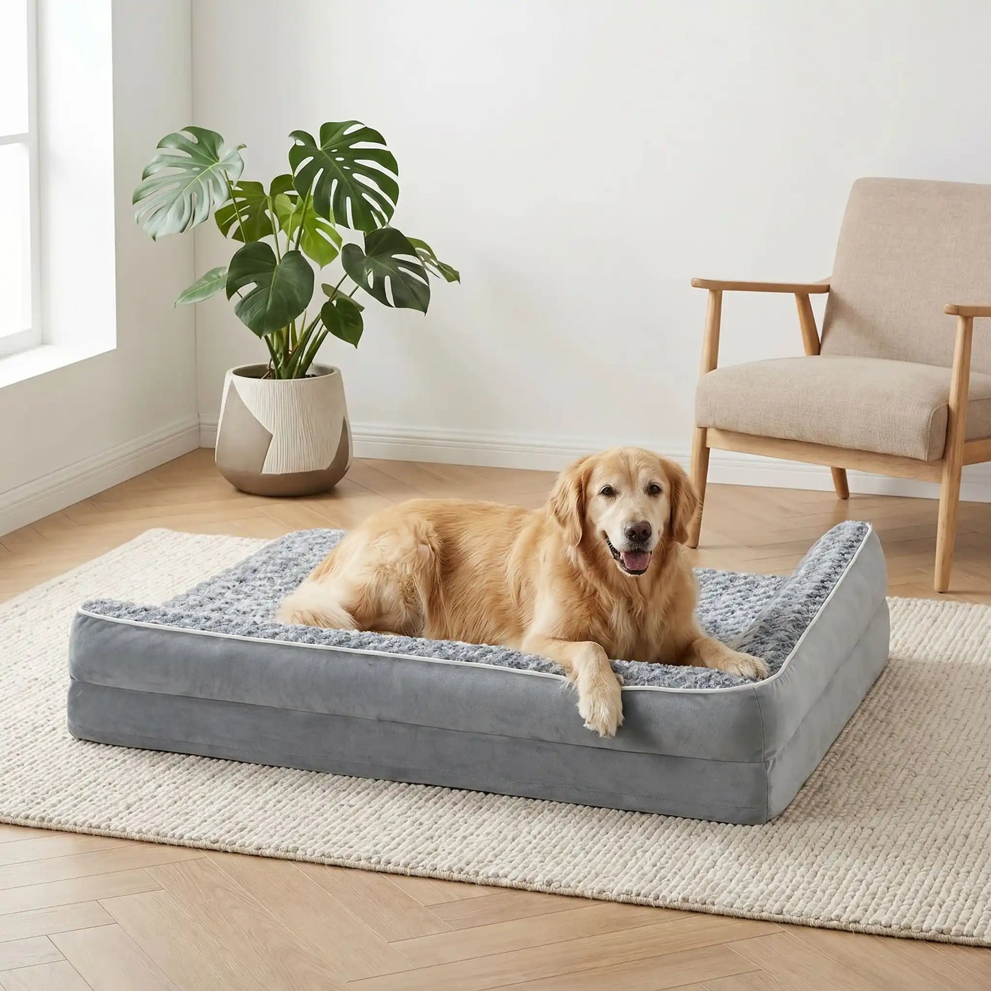 Lit-pour-chien-orthopédique-xxl avec traversin intégré,antidérapant-imperméable-déhoussable-lavable en machine-résistant aux griffes et morsures  pour grand chien et chiot jusqu'à 50 kg max-en velours côtelé et 100% Coton PP et deux traversins cylindriques rembourré en forme de L de couleur gris pour un effet apaisant et sécurisant-un grand chien qcouché confortablement sur son lit orthopédique, niché contre le coussin surélevé en L des deux traversins dans la chambre de son maître de la maison