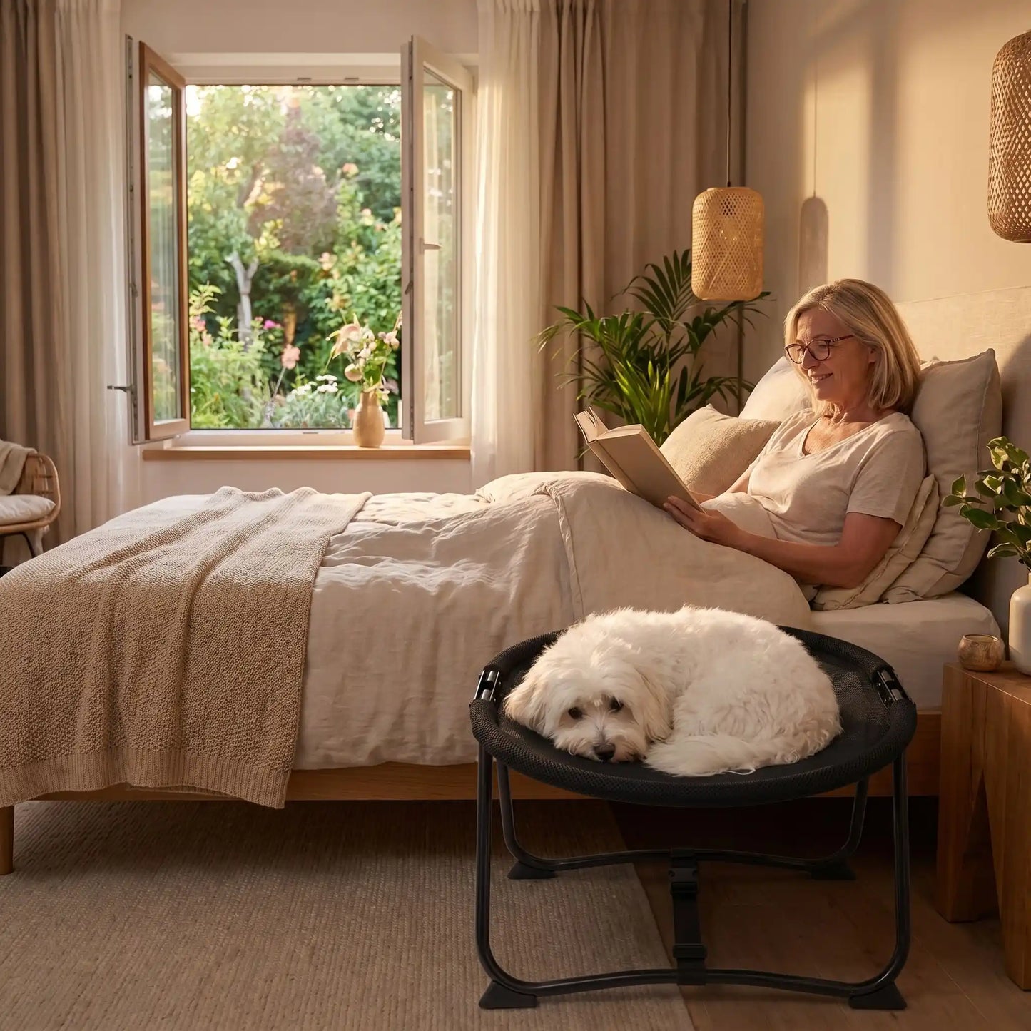 Lit-de-camp-chien-chaise, hamac d'été en maille repirante solide pour une circulation d'air optimale, imperméable, lavable, avec sa structure en acier inoxydable avec sangles de sécurité réglable et pliable, compacte pour chiot et chien de petite taille de 0 à 6 kilos maximum de couleur noir, léger et transportable-un chien de petite race à poils longs et épais qui se repose couché dans le hamac avec sa structure solide et pliable à côté de sa maitresse dans son lit dans la chambre de la maison en été