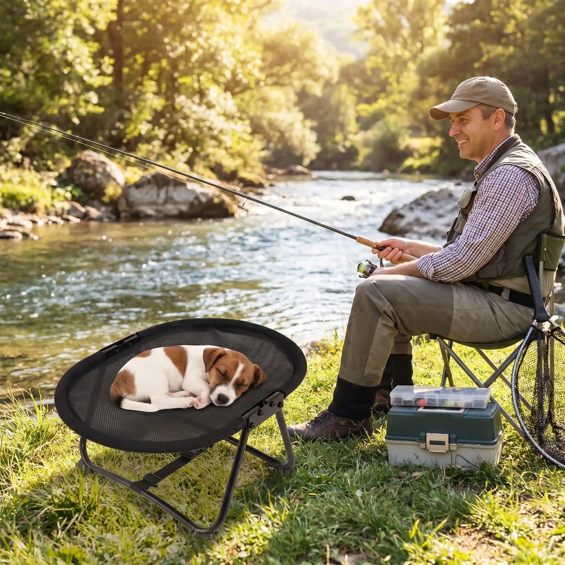 Lit-de-camp-chien-chaise, hamac d'été en maille repirante solide pour une circulation d'air optimale, imperméable, lavable, avec sa structure en acier inoxydable avec sangles de sécurité réglable et pliable, compacte pour chiot et chien de petite taille de 0 à 6 kilos maximum de couleur noir, léger et transportable-un chiot de petite taille qui dort paisiblement en boule sur le hamac avec sa structure solide et pliable à côté de son maitre qui pêche tranquillement en rivière en été