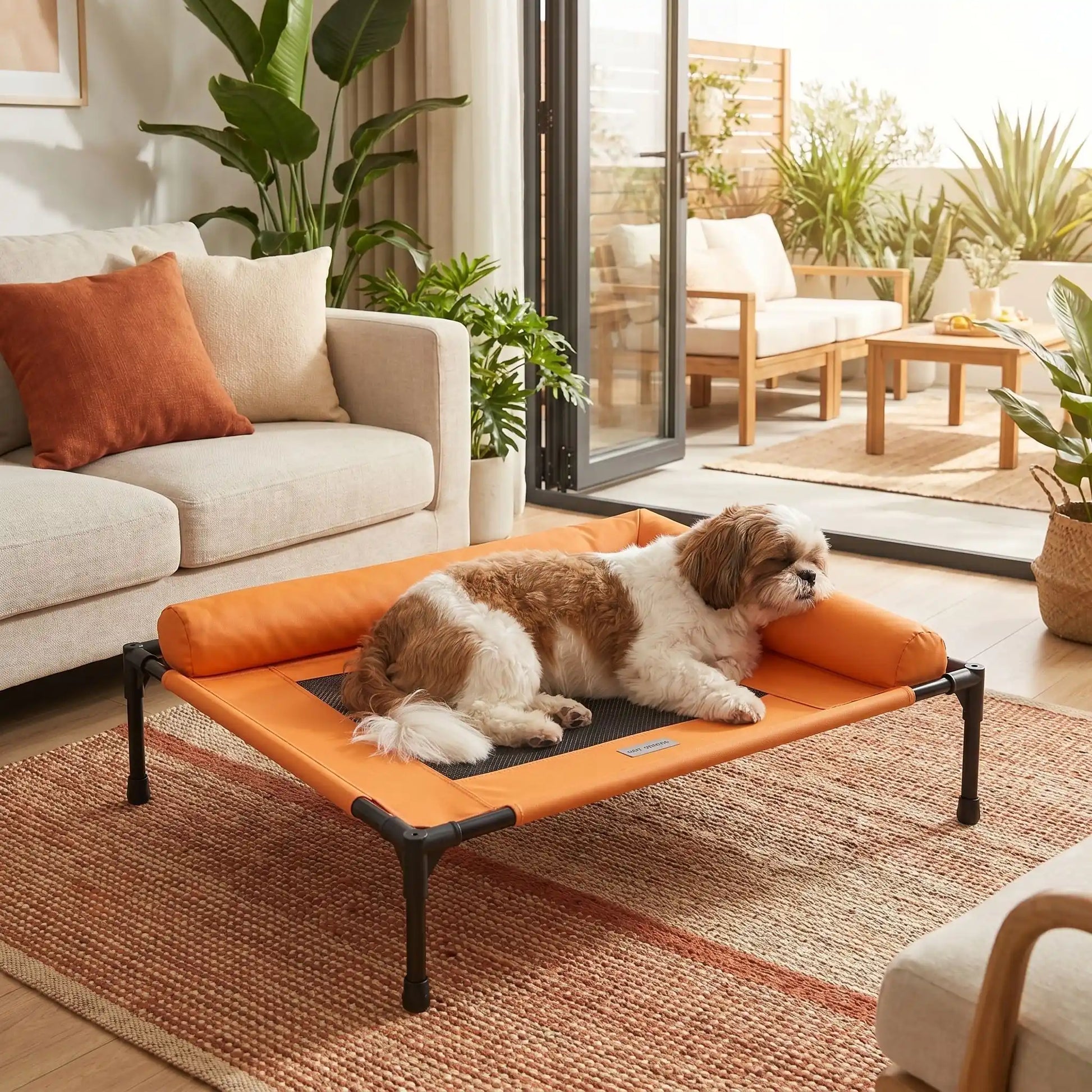 Lit-de-camp-chien-chiot-confort avec 2 traversins cylindriques en L au rembourrage 100% coton haute densité pour un soutien ergonomique pour sa tête ou son cou, entourant et sécurisant avec tissu en maille teslin ultra-résistante en teslin et contour en tissu oxford imperméable sur une structure en acier et coin arrondis en plastique sécurisé et pieds anti rayure et antidérapant-un chien de taille moyenne qui dort sa tête reposant sur l'oreiller du lit hamac respirant dans le salon de l'appartement en été