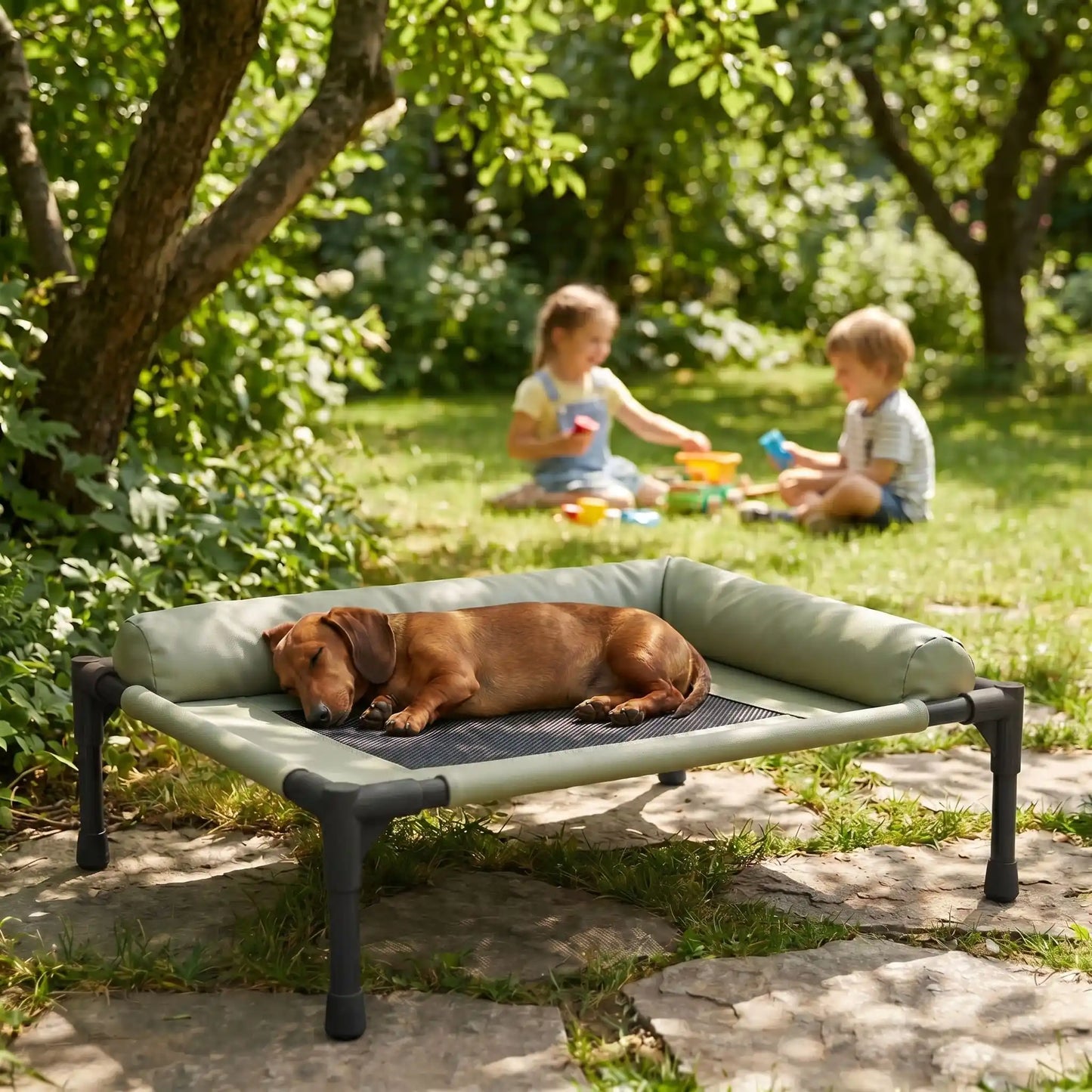 Lit-de-camp-chien-chiot-confort avec 2 traversins cylindriques en L au rembourrage 100% coton haute densité pour un soutien ergonomique pour sa tête ou son cou, entourant et sécurisant avec tissu en maille teslin ultra-résistante en teslin et contour en tissu oxford imperméable sur une structure en acier et coin arrondis en plastique sécurisé et pieds anti rayure et antidérapant-un chien de taille moyenne qui dort sa tête reposant contre l'oreiller du lit hamac vert dans le jardin de la maison en été 