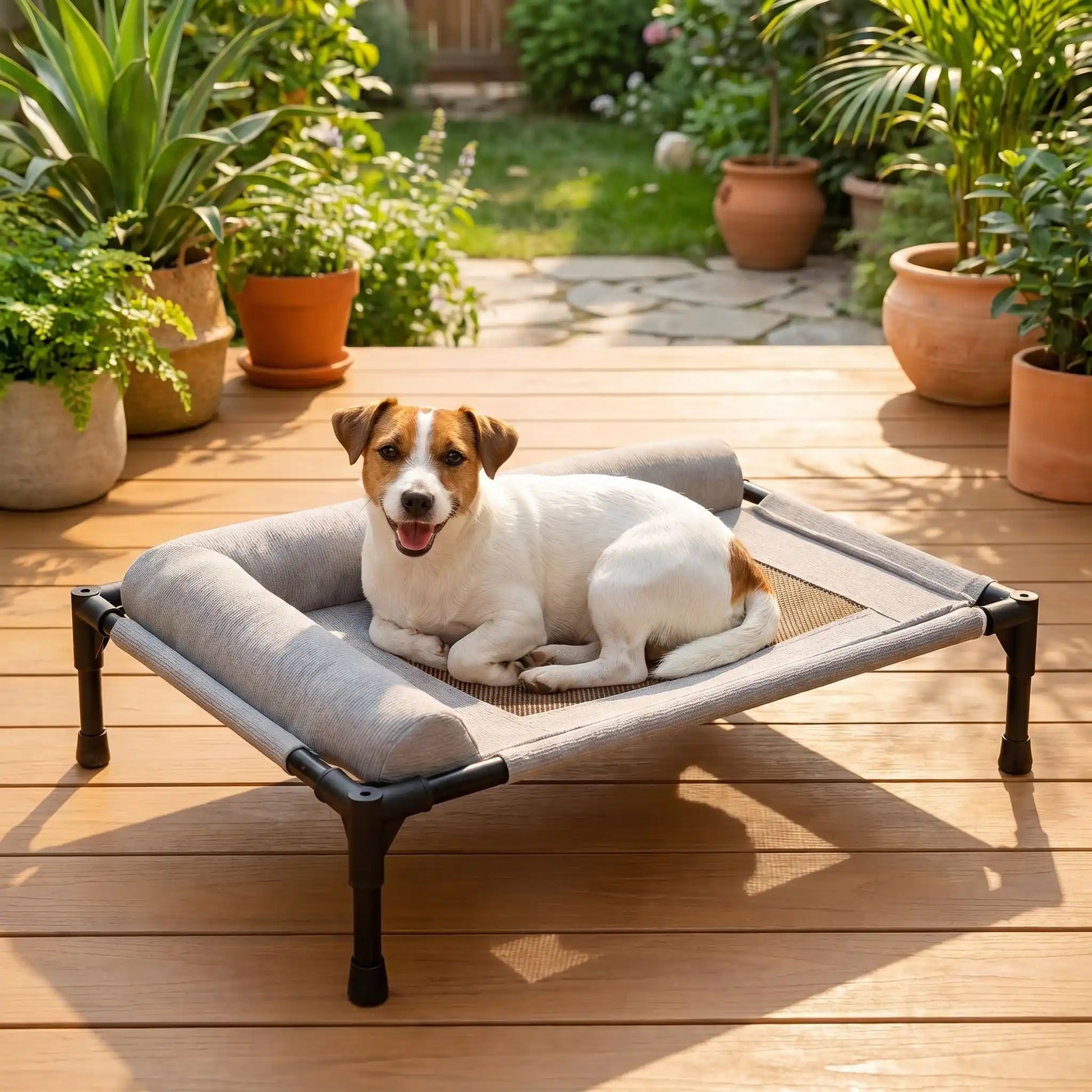 Lit-de-camp-chien-chiot-confort avec 2 traversins cylindriques en L au rembourrage 100% coton haute densité pour un soutien ergonomique pour sa tête ou son cou, entourant et sécurisant avec tissu en maille teslin ultra-résistante en teslin et contour en tissu oxford imperméable sur une structure en acier et coin arrondis en plastique sécurisé et pieds anti rayure et antidérapant-un Jack russell heureux couché sur son lit hamac surelevé de couleur gris  sur la terrasse de en bois de la maison en été