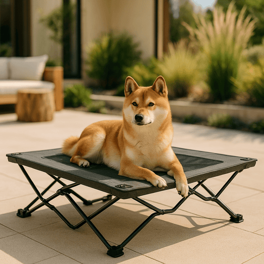 Lit-de-camp-pour-chiens-acier-maille-aérée-tissu oxford 900D et structure en acier robuste-hamac sur 6 pieds antidérapants pour chien de petite, moyenne et grande taille jusqu'à 30 kg-lavable et imperméable-ne retient pas les poils, les saletés, résistant aux griffes pour une utilisation intérieure et extérieure-pliable avec son sac de transport avec sangle-un chien de taille moyenne couché confortablement sur son hamac ergonomique surélevé sur la terrasse de la maison