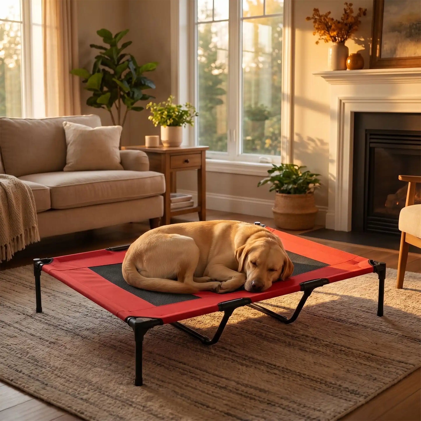 Lit-de-camping-pour-chien-chiot-xxl de 120 cm de longueur pour chien de moyenne à grande taille jusqu'à 40 kilos en toile respirantes en mailles et tissu renforcé oxford100% imperméable et solide avec 4 pieds antidérapant et deux barres transversales au milieu du lit pour un soutien adapté et ergonomique, plaible et transportable pour une utilisation en intérieur et extérieur-un grand chien qui dort paisiblement en boule sur son lit surélevé dans le salon de la maison en été 