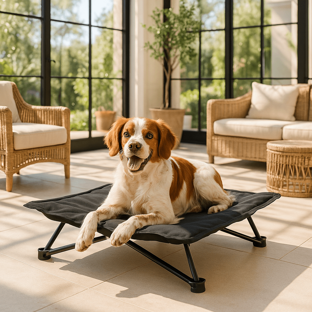 Lit-de-camping-pour-chien-chiot-pliable-imperméable-avec sac de transport-sur pied antidérapant en acier-rembourrage 100% coton-déhoussable et lavable-installation facile et rapide-prêt à l'emploi-solide-robuste et durable pour une utilisation intérieur et extérieur-surélevé et respirant pour toutes saisons-un chien couché et heureux sur son hamac noir compact qui retient pas les poils et saletés en maille respirante dans la véranda de la maison