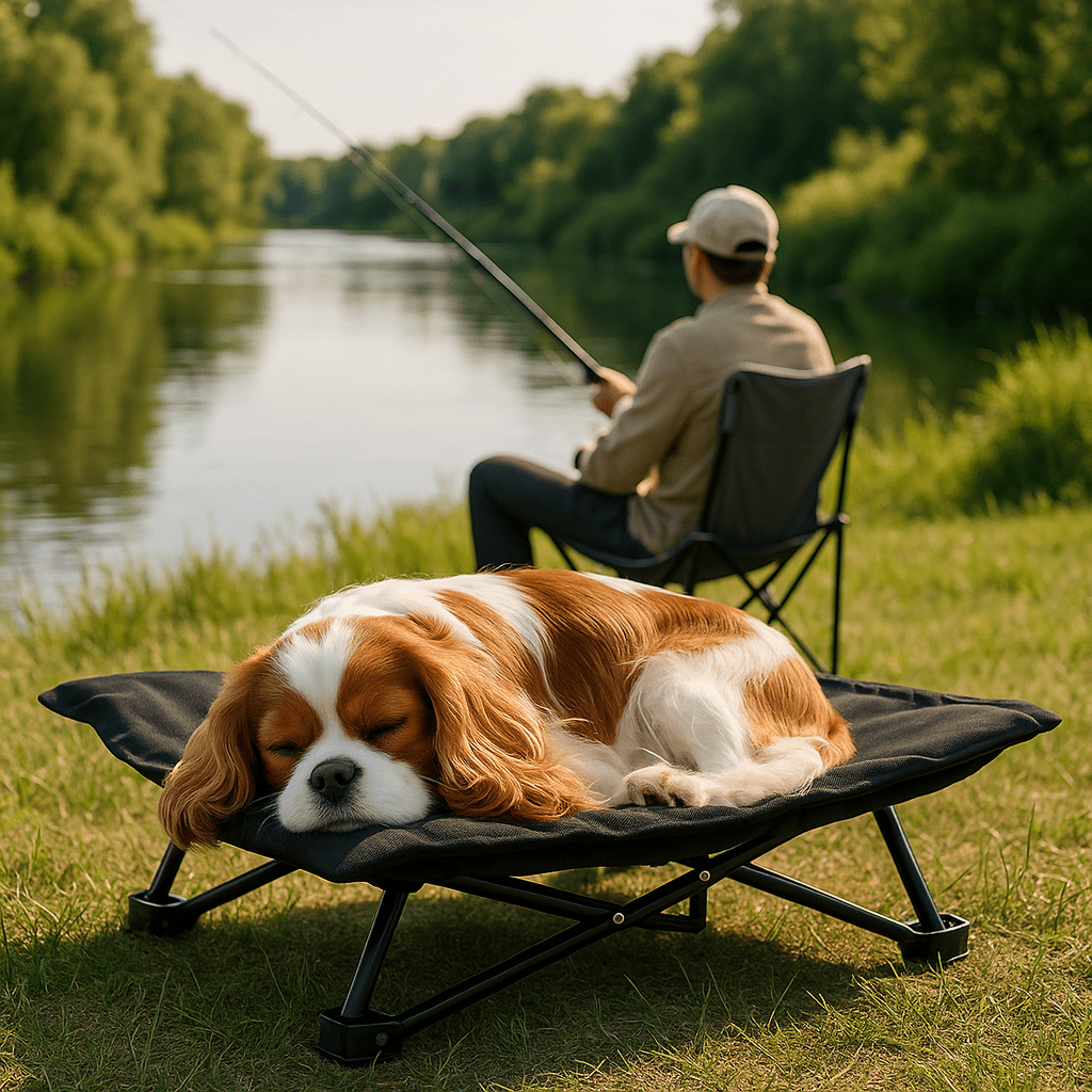 Lit-de-camping-pour-chien-chiot-pliable-imperméable-avec sac de transport-sur pied antidérapant en acier-rembourrage 100% coton-déhoussable et lavable-installation facile et rapide-prêt à l'emploi-solide-robuste et durable pour une utilisation intérieur et extérieur-surélevé et respirant pour toutes saisons-un chien de race moyenne qui dort paisiblement sur son hamac noir compact à côté de son maitre qui pêche en extérieur