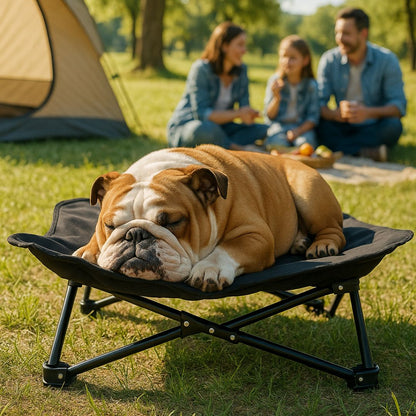 Lit-de-camping-pour-chien-chiot-pliable-imperméable-avec sac de transport-sur pied antidérapant en acier-rembourrage 100% coton-déhoussable et lavable-installation facile et rapide-prêt à l'emploi-solide-robuste et durable pour une utilisation intérieur et extérieur-surélevé et respirant pour toutes saisons-un chien de taille moyenne qui dort paisiblement sur son hamac noir compact en camping avec ses maitres en pique-nique 