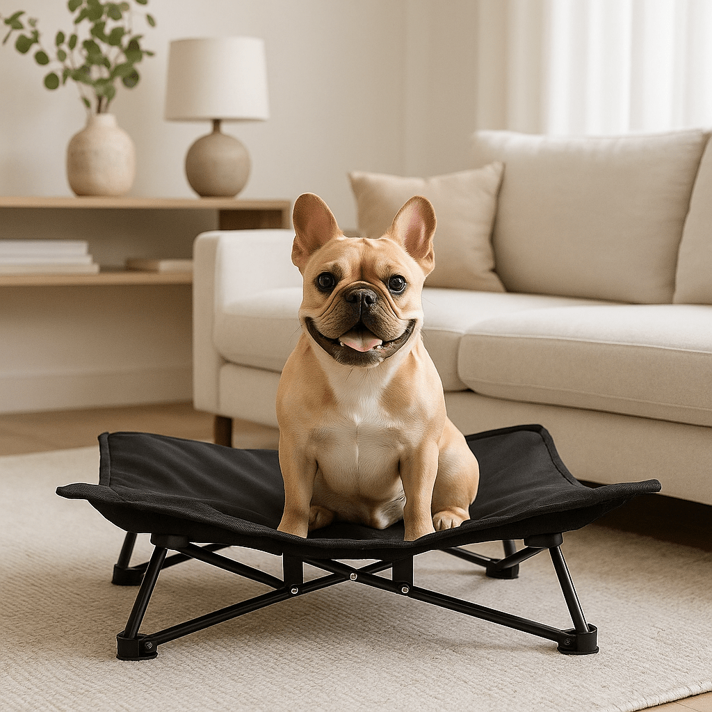 Lit-de-camping-pour-chien-chiot-pliable-imperméable-avec sac de transport-sur pied antidérapant en acier-rembourrage 100% coton-déhoussable et lavable-installation facile et rapide-prêt à l'emploi-solide-robuste et durable pour une utilisation intérieur et extérieur-surélevé et respirant pour toutes saisons-un petit chien assis et heureux sur son hamac noir compact dans le salon de l'appartement