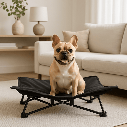 Lit-de-camping-pour-chien-chiot-pliable-imperméable-avec sac de transport-sur pied antidérapant en acier-rembourrage 100% coton-déhoussable et lavable-installation facile et rapide-prêt à l'emploi-solide-robuste et durable pour une utilisation intérieur et extérieur-surélevé et respirant pour toutes saisons-un petit chien assis et heureux sur son hamac noir compact dans le salon de l'appartement