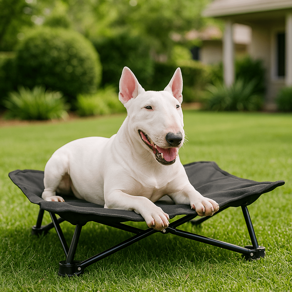 Lit-de-camping-pour-chien-chiot-pliable-imperméable-avec sac de transport-sur pied antidérapant en acier-rembourrage 100% coton-déhoussable et lavable-installation facile et rapide-prêt à l'emploi-solide-robuste et durable pour une utilisation intérieur et extérieur-surélevé et respirant pour toutes saisons-un chien couché et heureux sur son hamac noir compact dans le jardin de la maison en été