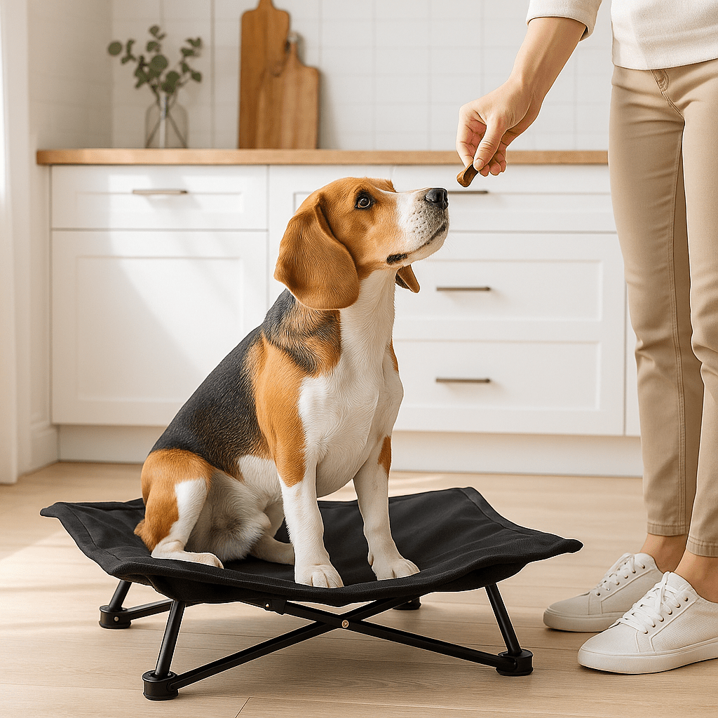 Lit-de-camping-pour-chien-chiot-pliable-imperméable-avec sac de transport-sur pied antidérapant en acier-rembourrage 100% coton-déhoussable et lavable-installation facile et rapide-prêt à l'emploi-solide-robuste et durable pour une utilisation intérieur et extérieur-surélevé et respirant pour toutes saisons-un chien assis sur son hamac noir compact qui regarde son maitre lui tendre un encas dans la cuisine de la maison
