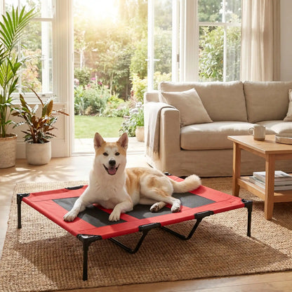 Lit-de-camping-pour-chien-chiot-xxl de 120 cm de longueur pour chien de moyenne à grande taille jusqu'à 40 kilos en toile respirantes en mailles et tissu renforcé oxford100% imperméable et solide avec 4 pieds antidérapant et deux barres transversales au milieu du lit pour un soutien adapté et ergonomique, plaible et transportable pour une utilisation en intérieur et extérieur-un chien moyen à poils épais heureux et couché confortablement sur son lit surélevé dans le salon de la maison en été  