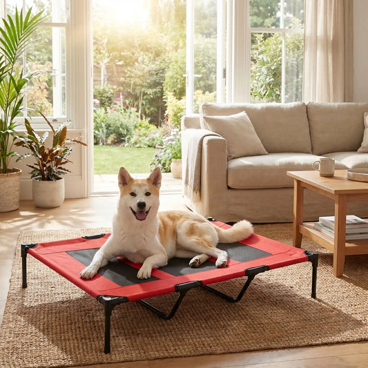 Lit-de-camping-pour-chien-chiot-xxl de 120 cm de longueur pour chien de moyenne à grande taille jusqu'à 40 kilos en toile respirantes en mailles et tissu renforcé oxford100% imperméable et solide avec 4 pieds antidérapant et deux barres transversales au milieu du lit pour un soutien adapté et ergonomique, plaible et transportable pour une utilisation en intérieur et extérieur-un chien moyen à poils épais heureux et couché confortablement sur son lit surélevé dans le salon de la maison en été  