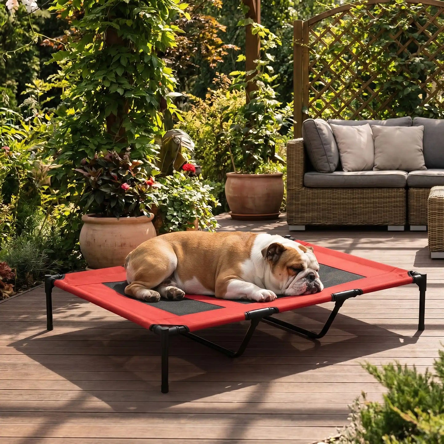 Lit-de-camping-pour-chien-chiot-xxl de 120 cm de longueur pour chien de moyenne à grande taille jusqu'à 40 kilos en toile respirantes en mailles et tissu renforcé oxford100% imperméable et solide avec 4 pieds antidérapant et deux barres transversales au milieu du lit pour un soutien adapté et ergonomique, plaible et transportable pour une utilisation en intérieur et extérieur-un chien de taille moyenne et à museau plat qui dort paisiblement sur le lit surélevé sur la terrasse ombragée de la maison en été