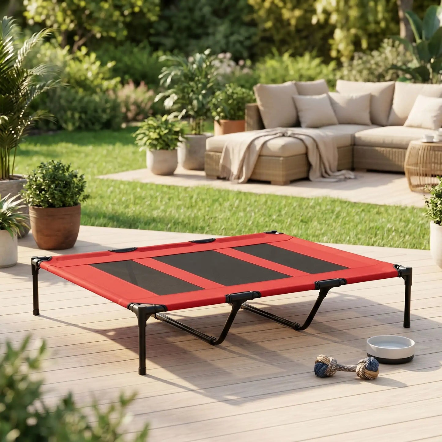 Lit-de-camping-pour-chien-chiot-xxl de 120 cm de longueur pour chien de moyenne à grande taille jusqu'à 40 kilos en toile respirantes en mailles et tissu renforcé oxford100% imperméable et solide avec 4 pieds antidérapant et deux barres transversales au milieu du lit pour un soutien adapté et ergonomique, plaible et transportable pour une utilisation en intérieur et extérieur-gros plan sur le lit de camp pour chien de taille moyenne et grande de couleur noir et rouge, pliable et transportable 