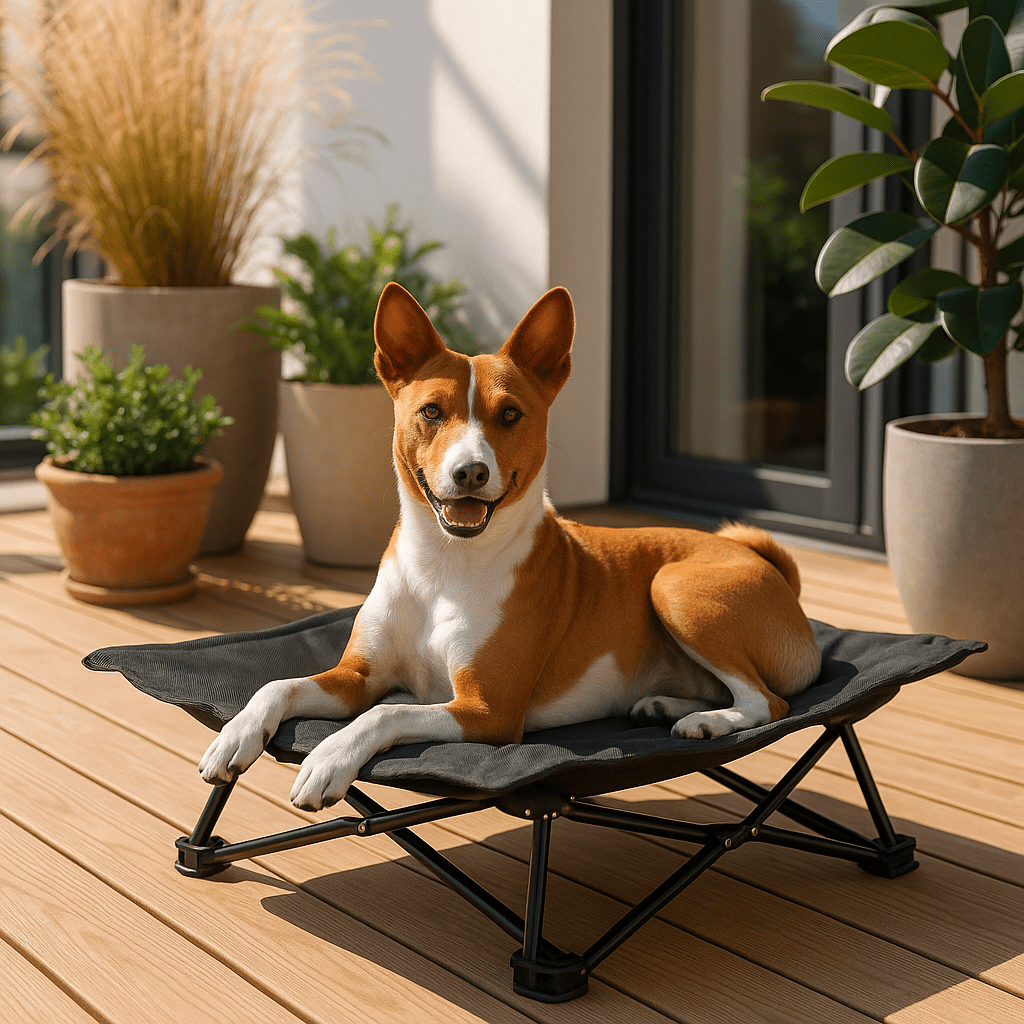 Lit-de-camping-pour-chien-chiot-pliable-imperméable-avec sac de transport-sur pied antidérapant en acier-rembourrage 100% coton-déhoussable et lavable-installation facile et rapide-prêt à l'emploi-solide-robuste et durable pour une utilisation intérieur et extérieur-surélevé et respirant pour toutes saisons-un chien couché et heureux sur son hamac noir compact sur la terrasse de l'appartement en été