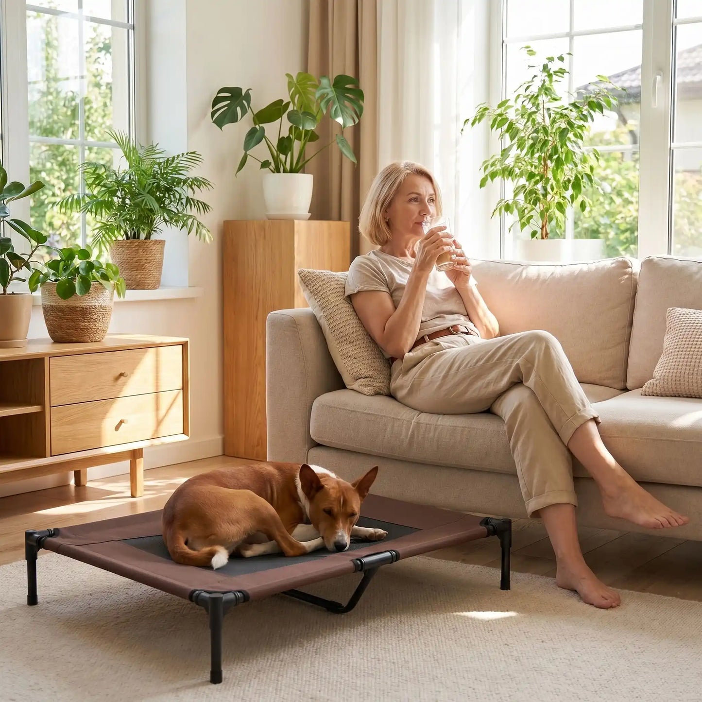 Lit-de-camps-chien-chien-surélevé-toile Oxford imperméable et résistant, pliable avec 4 pieds et un pied au milieu pour une stabiliité parfaite avec deux carrés de maille respirantes sur la surface pour une aération optimale pour chien de petite à moyenne taille de 0 à 25 kilos- un chien de taille moyenne couché confortablement en boule sur le lit de camps à côté de sa maitresse qui boit sa boisson fraiche sur le canapé dans le salon de l'appartement en été
