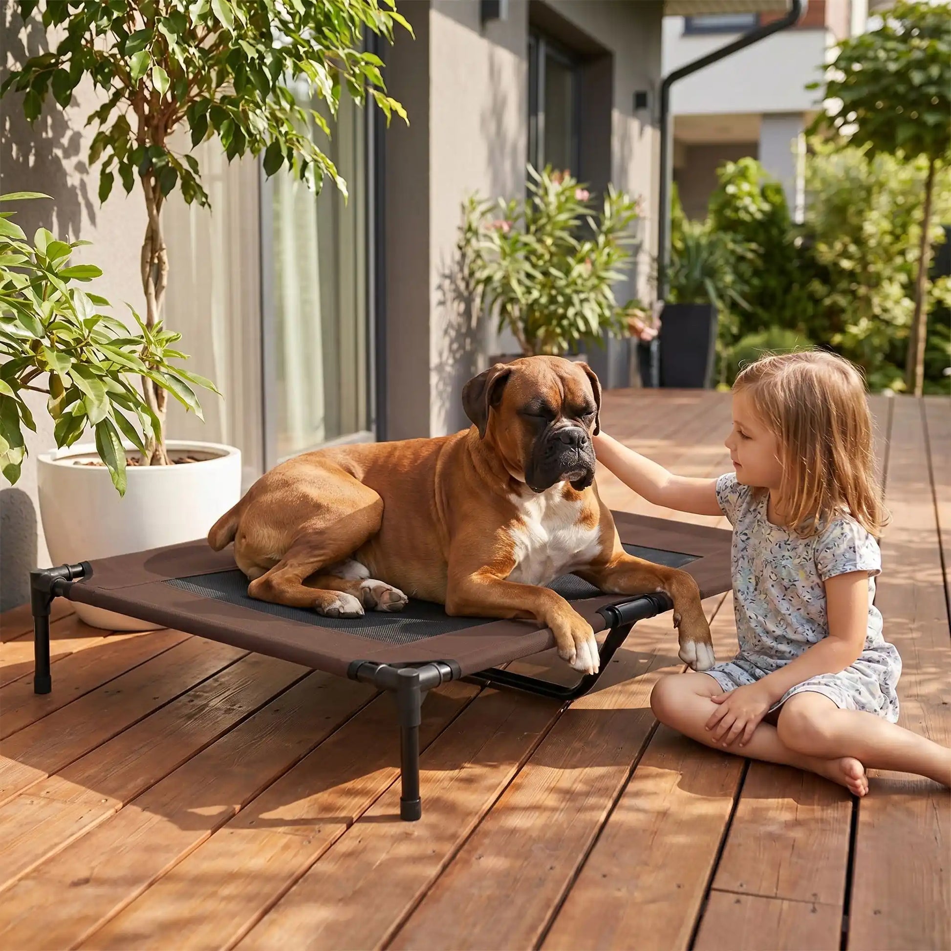 Lit-de-camps-chien-chien-surélevé-toile Oxford imperméable et résistant, pliable avec 4 pieds et un pied au milieu pour une stabiliité parfaite avec deux carrés de maille respirantes sur la surface pour une aération optimale pour chien de petite à moyenne taille de 0 à 25 kilos- un Boxer couché confortablement sur le lit de camps qui se fait caresser par une petite fille sur la terrasse de la maison de vacances en été