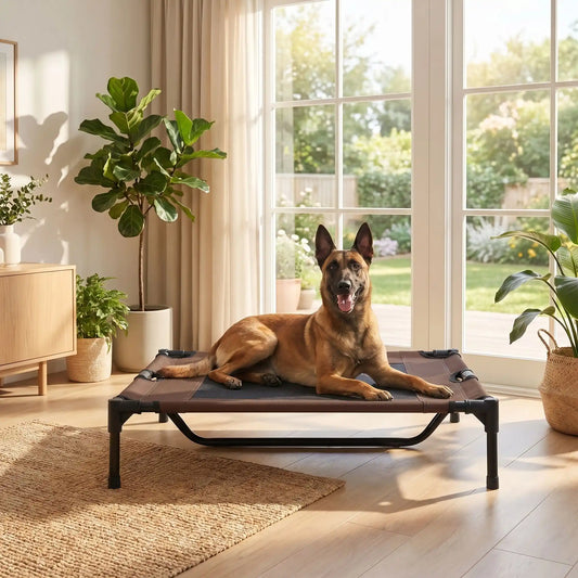 Lit-de-camps-chien-chien-surélevé-toile Oxford imperméable et résistant, pliable avec 4 pieds et un pied au milieu pour une stabiliité parfaite avec deux carrés de maille respirantes sur la surface pour une aération optimale pour chien de petite à moyenne taille de 0 à 25 kilos- un chien moyen couché confortablement sur le lit de camps dans le salon de la maison en été