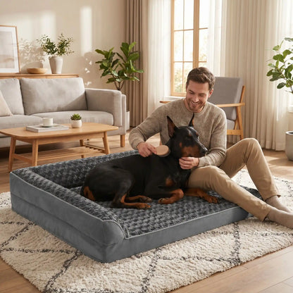 Lit-grand-chien-chiot-orthopédique-xxl avec traversin intégré,antidérapant-imperméable-déhoussable-lavable en machine-résistant aux griffes et morsures  pour grand chien et chiot jusqu'à 50 kg max-en velours côtelé et 100% Coton PP et deux traversins cylindriques rembourré en forme de L de couleur gris pour un effet apaisant et sécurisant-un grand chien couché sur son grand lit orthopédique en forme de canapé avec ses deux traversins surélevés, avec son maitre assis dessus qui le caresse tendrement 