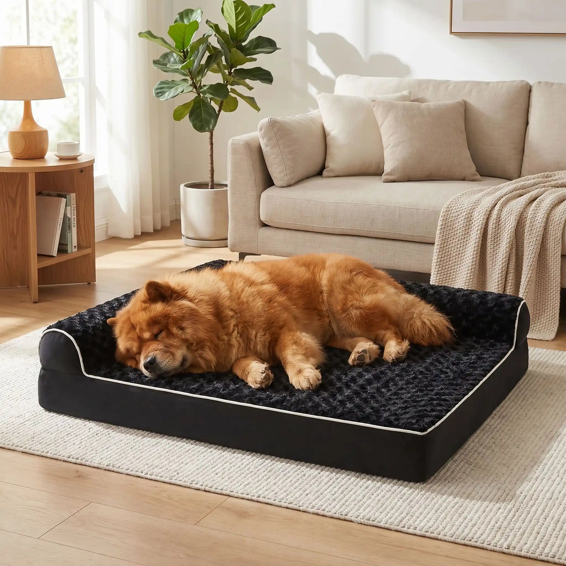 Lit-pour-grand-chien-orthopédique-xl avec traversin intégré,antidérapant-imperméable-déhoussable-lavable en machine-résistant aux griffes et morsures  pour grand chien et chiot jusqu'à 50 kg max-en velours côtelé et 100% Coton PP et deux traversins cylindriques rembourré en forme de L de couleur noir pour un effet apaisant et sécurisant-un chien moyen qui dort paisiblement sur son lit orthopédique, son corps niché contre le coussin surélevé en L et matelas à mémoire de forme dans le salon de l'appartement