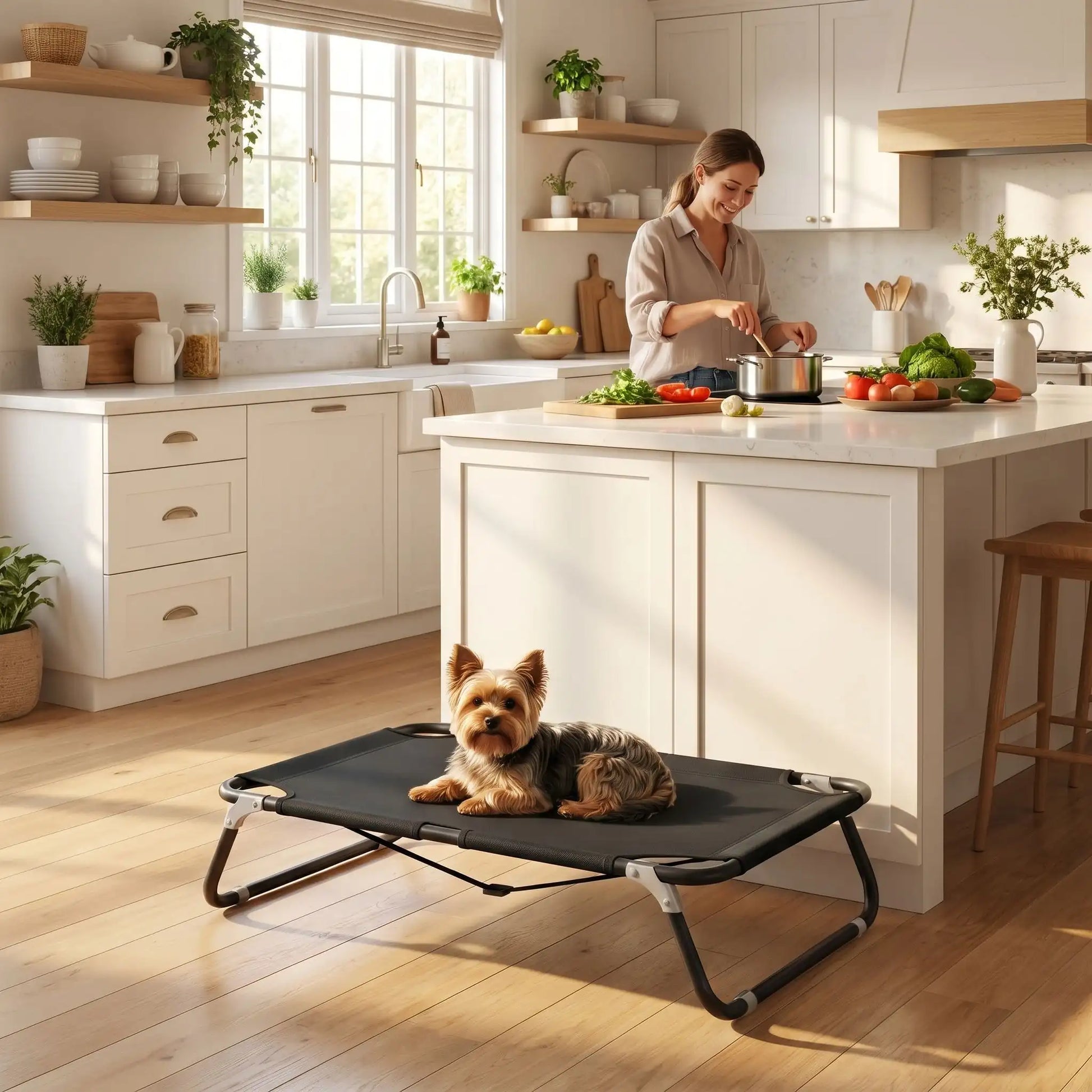 Lit-pliant-chien-chiot-pour race de petite taille et races naines de 0 à 10 kilos, tissu oxford doux, imperméable, lavable et résistante qui épouse le corps du chien ou du chiot comme un hamac avec structure rectangulaire en acier avec deux barres transversales mobile pour un pliage facile et rapide pour une utilisation en intérieur ou extérieur-un chien de petite race confortablement couché sur son lit surélevé de camps au frais pendant que sa maitresse prépare le repas dans la cuisine en été
