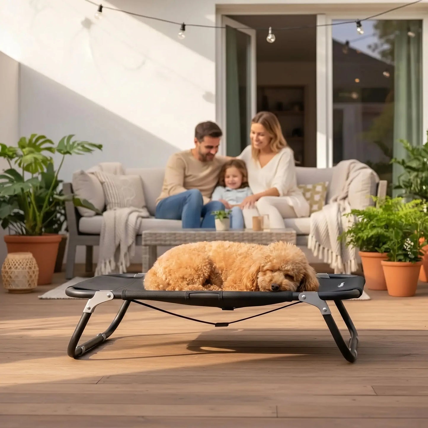 Lit-pliant-chien-chiot-pour race de petite taille et races naines de 0 à 10 kilos, tissu oxford doux, imperméable, lavable et résistante qui épouse le corps du chien ou du chiot comme un hamac avec structure rectangulaire en acier avec deux barres transversales mobile pour un pliage facile et rapide pour une utilisation en intérieur ou extérieur-un chien nain à poils épais et frisé qui dort confortablement sur le lit surélevé de couleur noir avec ses maitres à côtés, tous sur la terrasse de la maison en été