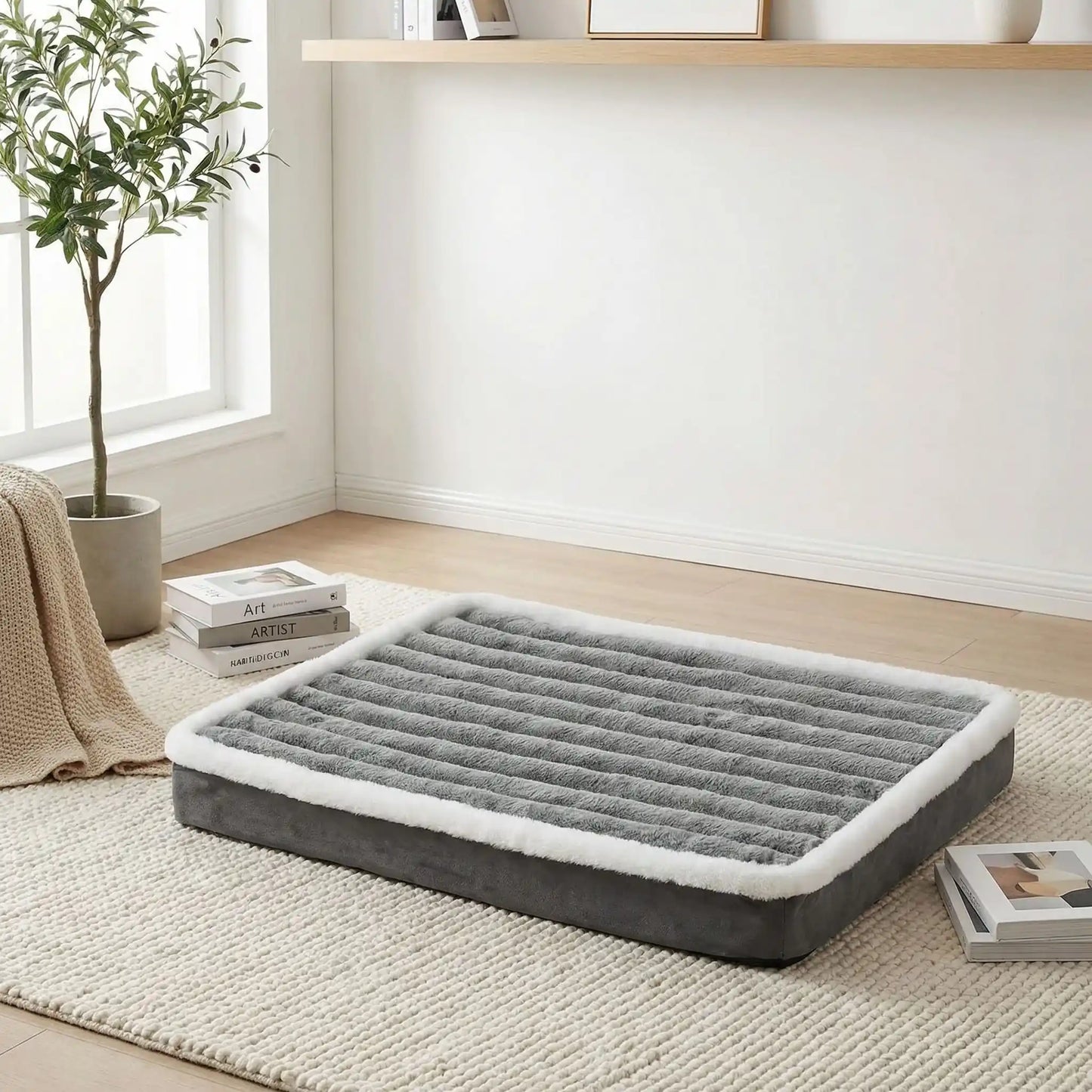 Lit-pour-chien-orthopedique-matelas rectangulaire, antidérapant, imperméable, housse en velours douce en peluche déhoussable et lavable en machine à laver, polyvalent sur le sol, dans la cage de tranport, un panier-disponible en 3 tailles S, M et L pour les chiots et les chiens de petites à moyenne taille de 0 à 15 kilos max-gros plan sur le matelas en velours rose ergonomique sur le sol dans la chambre de l'appartement