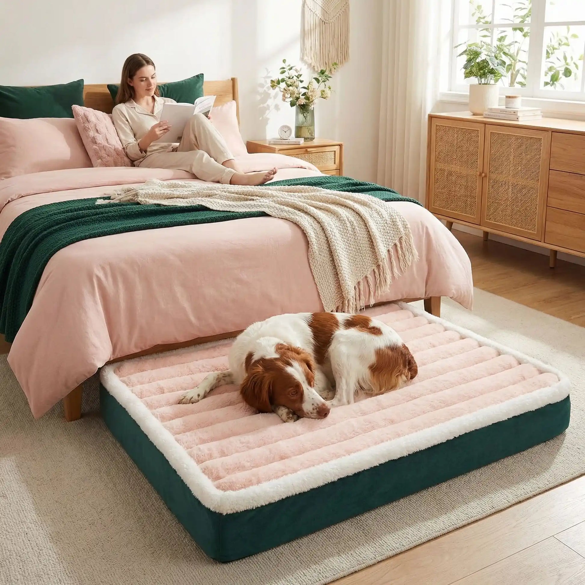 Lit-pour-chien-orthopedique-matelas rectangulaire, antidérapant, imperméable, housse en velours douce en peluche déhoussable et lavable en machine à laver, polyvalent sur le sol, dans la cage de tranport, un panier-disponible en 3 tailles S, M et L pour les chiots et les chiens de petites à moyenne taille de 0 à 15 kilos max-un chein moyen qui dort paisiblement sur le lit orthopédique rectangulaire de couleur rose et gris à côté du lit de sa maitresse allongé qui lit dans la chambre de l'appartement