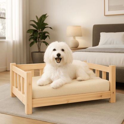 Lit-pour-chien-surélevé-canapé-en bois massif de pin naturel-non traité-écoresponsable-écologique-lavable-sur-pied-robuste-sommier en latte-hypoallergénique-respirant-aérer-ventilé-rafraichissant en été-isole des sols froids-pour petit chien jusqu'à 10 kilos-un chien de petite taille assis et heureux sur son lit en bois en forme de canapé avec accoudoir en bois dans la chambre de la maison