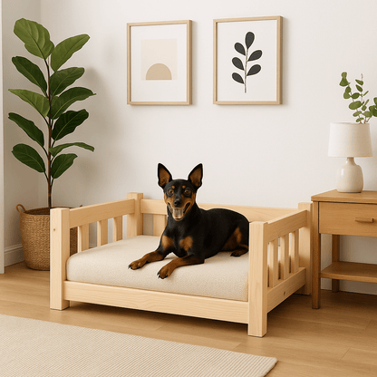 Lit-pour-chien-surélevé-canapé-en bois massif de pin naturel-non traité-écoresponsable-écologique-lavable-sur-pied-robuste-sommier en latte-hypoallergénique-respirant-aérer-ventilé-rafraichissant en été-isole des sols froids-pour petit chien jusqu'à 10 kilos-un chien nain assis et heureux sur son lit en bois en forme de canapé avec accoudoir en bois dans le salon de l'appartement
