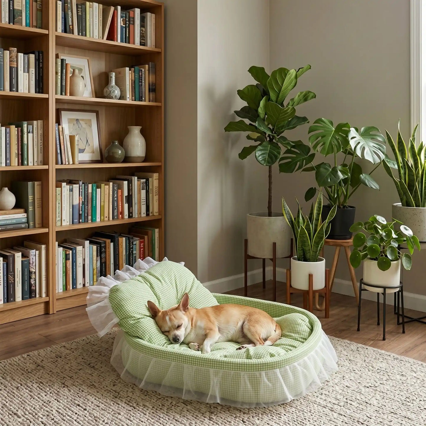 Lit-pour-chihuahua-4-saisons-avec son coussin interieur amovible épais et moelleux en mousse coton haute densité ergonomique, tissu respirant et lit lavable en machine avec design mignon en dentelle, entourant avec son rebord surélevé et sa décoration en dentelle, lit de princesse, couffin mignon-un chihuahua qui dort paisiblement sur le flanc dans son petit lit ovale anti stress de couleur vert dans un salon de l'appartement