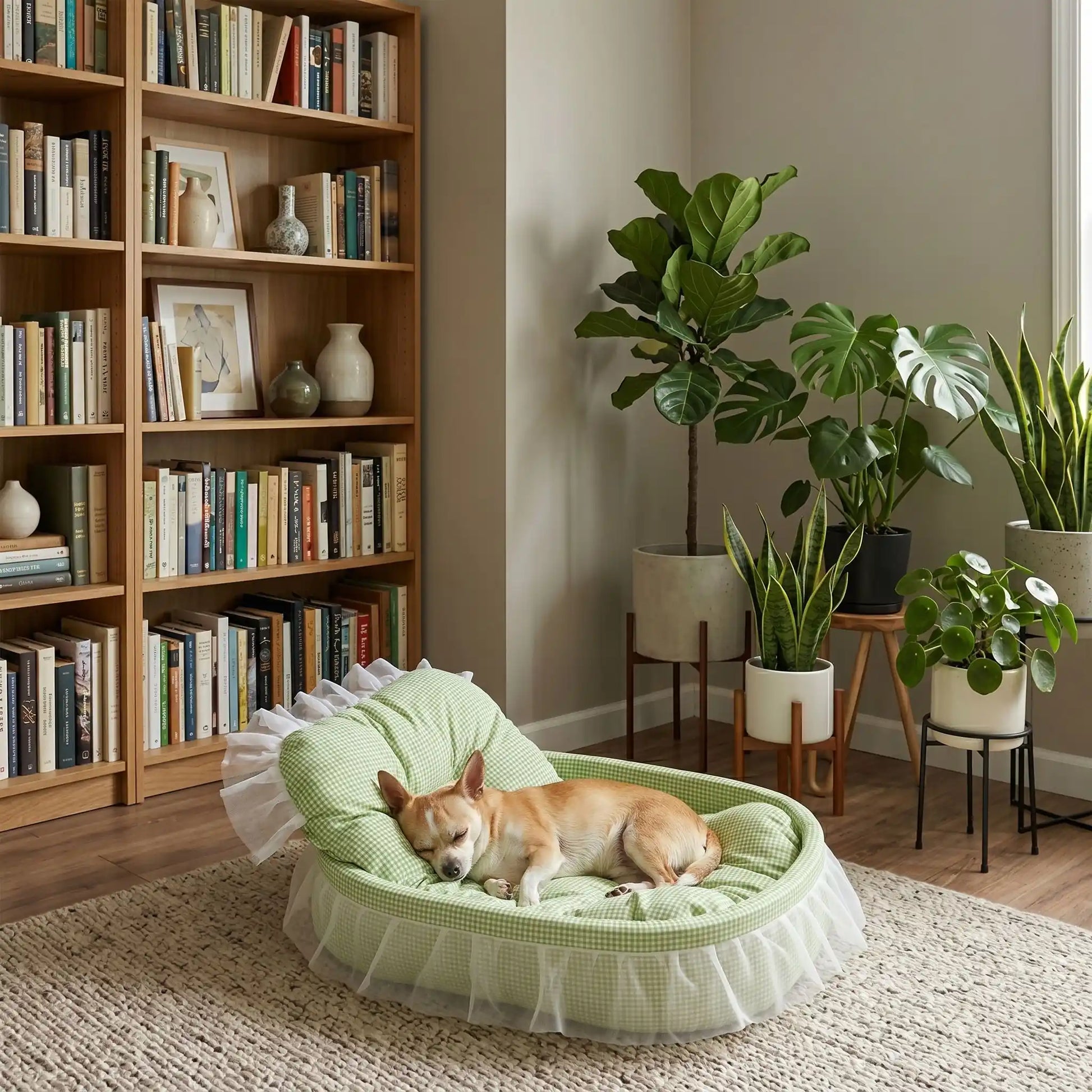 Lit-pour-chihuahua-4-saisons-avec son coussin interieur amovible épais et moelleux en mousse coton haute densité ergonomique, tissu respirant et lit lavable en machine avec design mignon en dentelle, entourant avec son rebord surélevé et sa décoration en dentelle, lit de princesse, couffin mignon-un chihuahua qui dort paisiblement sur le flanc dans son petit lit ovale anti stress de couleur vert dans un salon de l'appartement