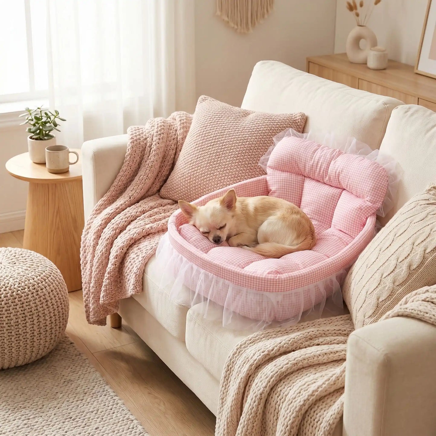 Lit-pour-chihuahua-4-saisons-avec son coussin interieur amovible épais et moelleux en mousse coton haute densité ergonomique, tissu respirant et lit lavable en machine avec design mignon en dentelle, entourant avec son rebord surélevé et sa décoration en dentelle, lit de princesse, couffin mignon-un chihuahua qui dort paisiblement en boule dans son petit lit ovale anti stress de couleur rose sur le canapé du salon de l'appartement