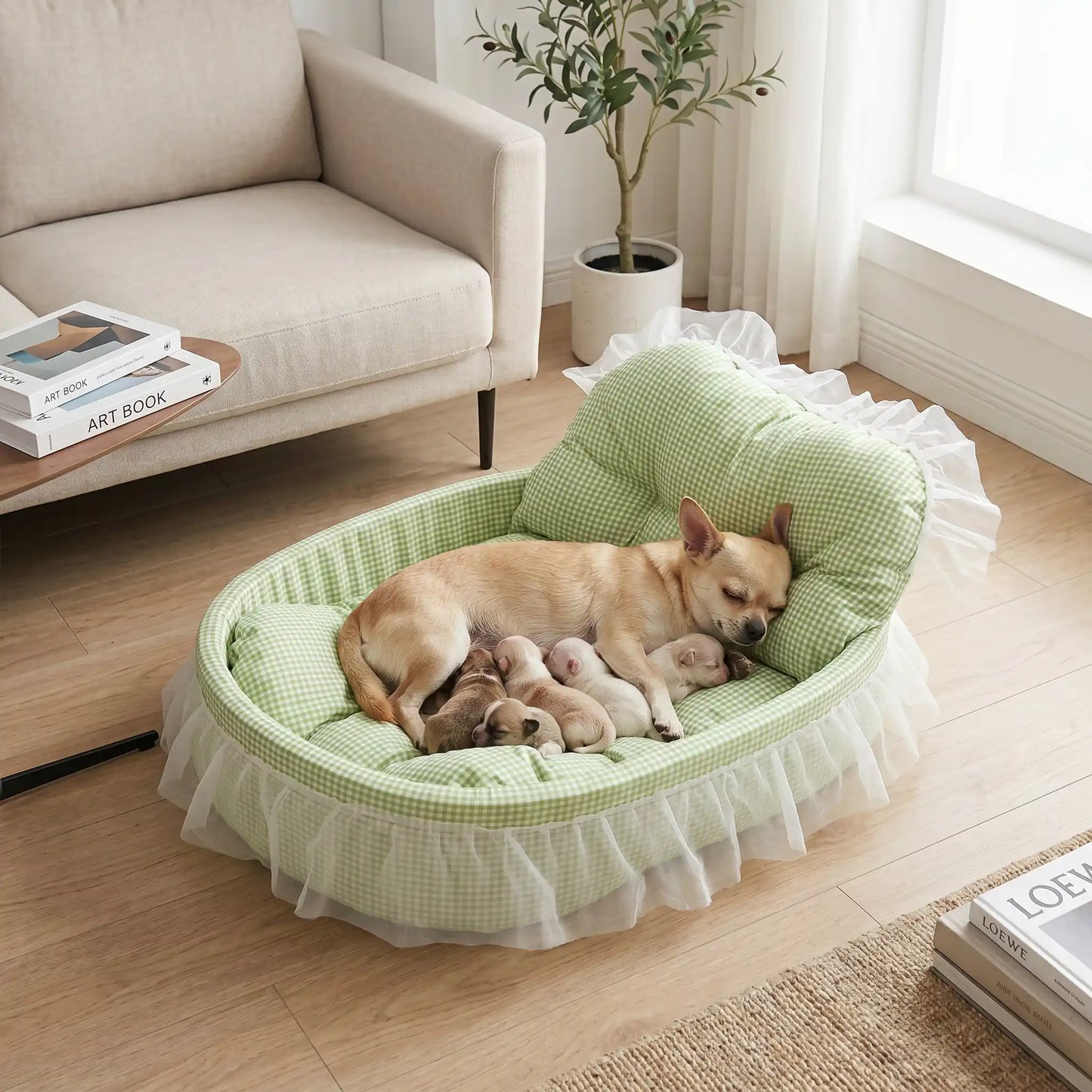 Lit-pour-chihuahua-4-saisons-avec son coussin interieur amovible épais et moelleux en mousse coton haute densité ergonomique, tissu respirant et lit lavable en machine avec design mignon en dentelle, entourant avec son rebord surélevé et sa décoration en dentelle, lit de princesse, couffin mignon-un chihuahua qui dort paisiblement avec ses chiots au chaud dans son petit lit ovale anti stress de couleur vert dans le salon de l'appartement