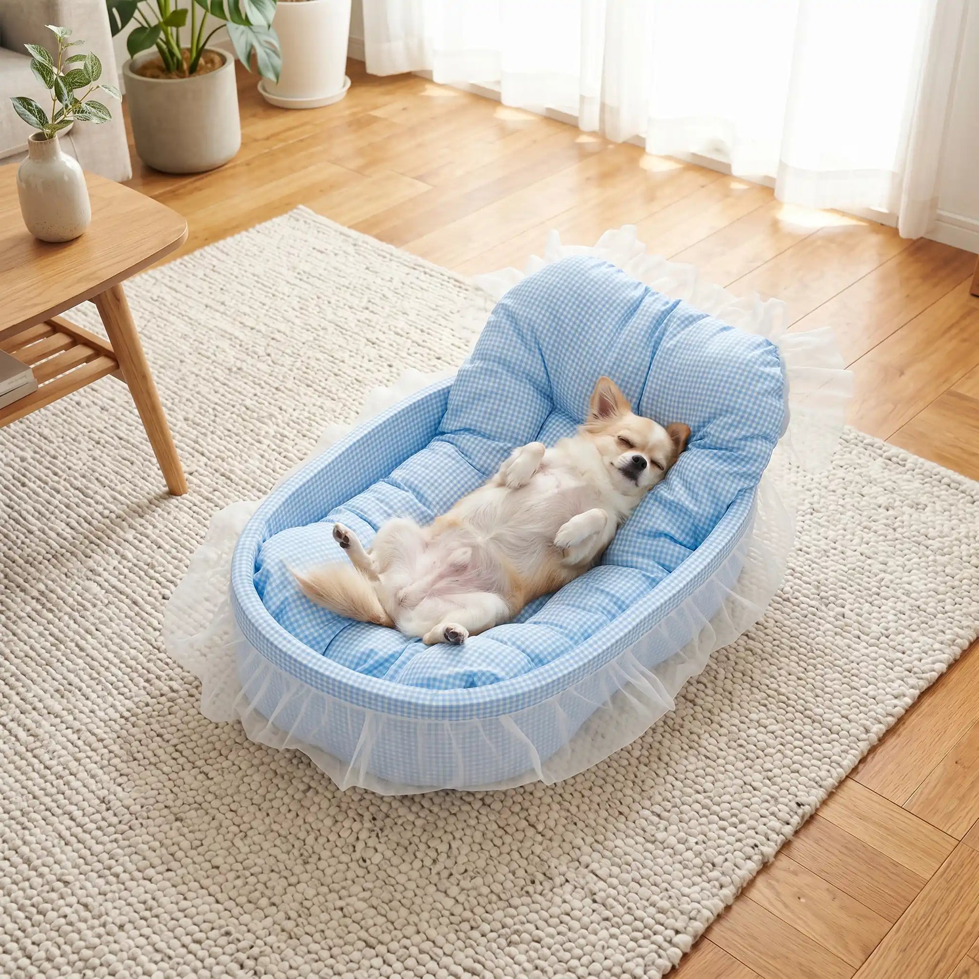 Lit-pour-chihuahua-4-saisons-avec son coussin interieur amovible épais et moelleux en mousse coton haute densité ergonomique, tissu respirant et lit lavable en machine avec design mignon en dentelle, entourant avec son rebord surélevé et sa décoration en dentelle, lit de princesse, couffin mignon-un chihuahua qui dort paisiblement les pattes en l'air dans son petit lit ovale anti stress de couleur bleu sur le sol du salon de l'appartement
