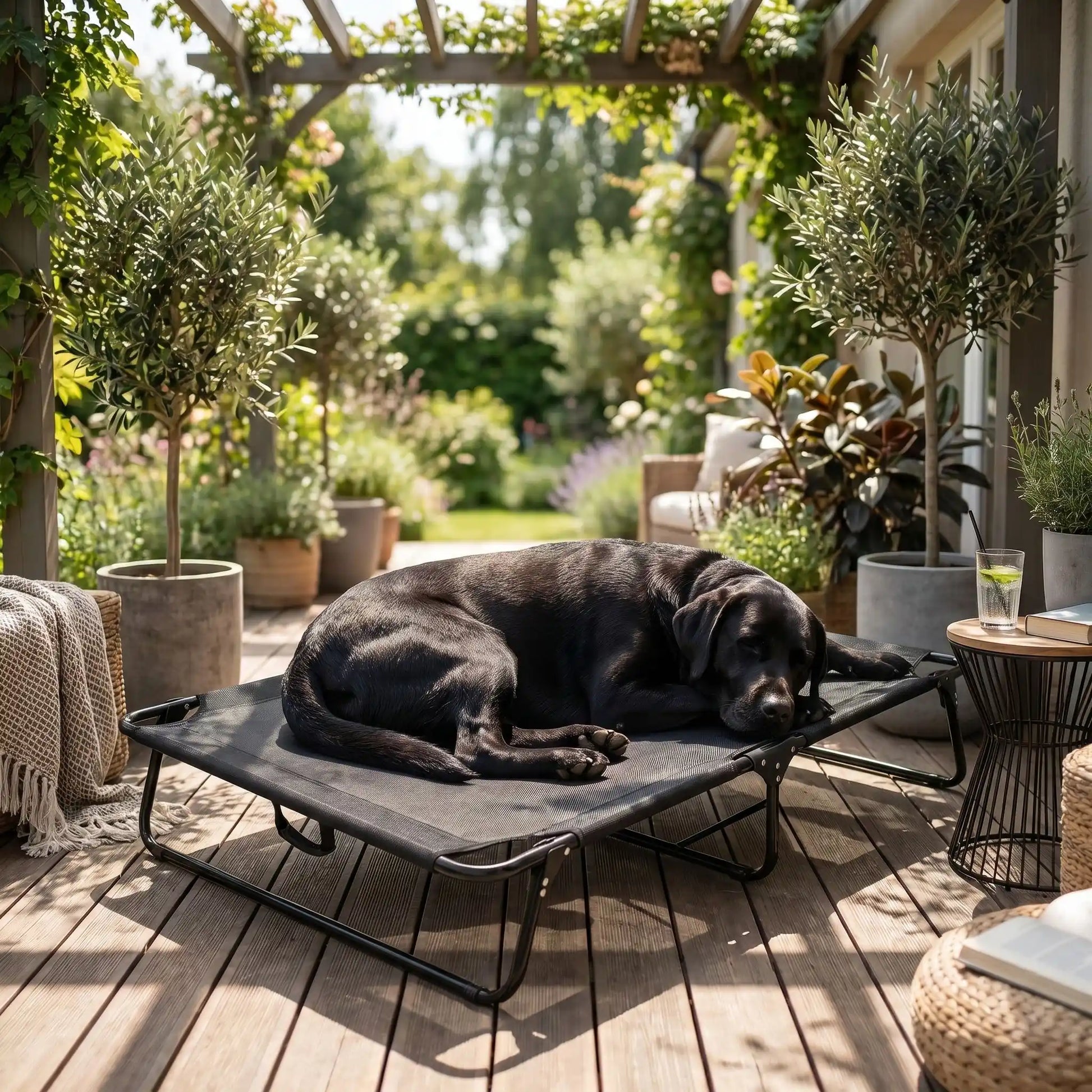 Lit_pliant-pour-chien-camps-extérieur et intérieur en maille respirante avec toile en tissu textilène robuste résistant au griffes, respirant anti poils et anti saletés pour un hamac avec poignée de transport et compact plié pour déplacements, voyage, vacances, randonnées ou à la maison, dans le jardin en été, etc, imperméable et ergonomique-un chien de grande taille qui dort paisiblement au frais sur son lit de camps rafraichissant taille L de 107 cm de long sur la terrasse de la maison de vacances en été