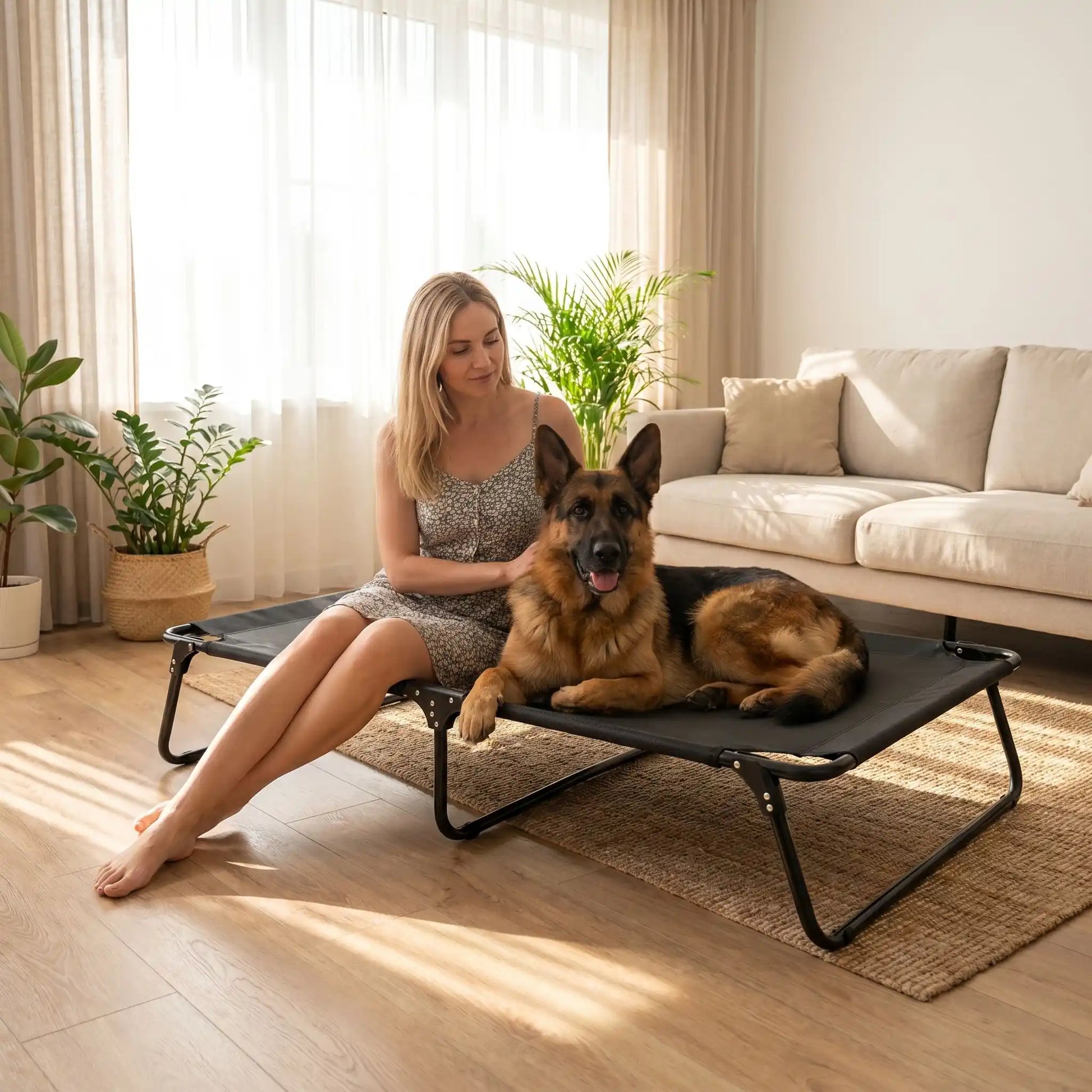 Lit_pliant-pour-chien-camps-extérieur et intérieur en maille respirante avec toile en tissu textilène robuste résistant au griffes, respirant anti poils et anti saletés pour un hamac avec poignée de transport et compact plié pour déplacements, voyage, vacances, randonnées ou à la maison, dans le jardin en été, etc, imperméable et ergonomique-un grand chien couché et sa maitresse assise à ses côté qui le caresse tendrement sur le lit xxl de camping pliable dans le salon de l'appartement en été