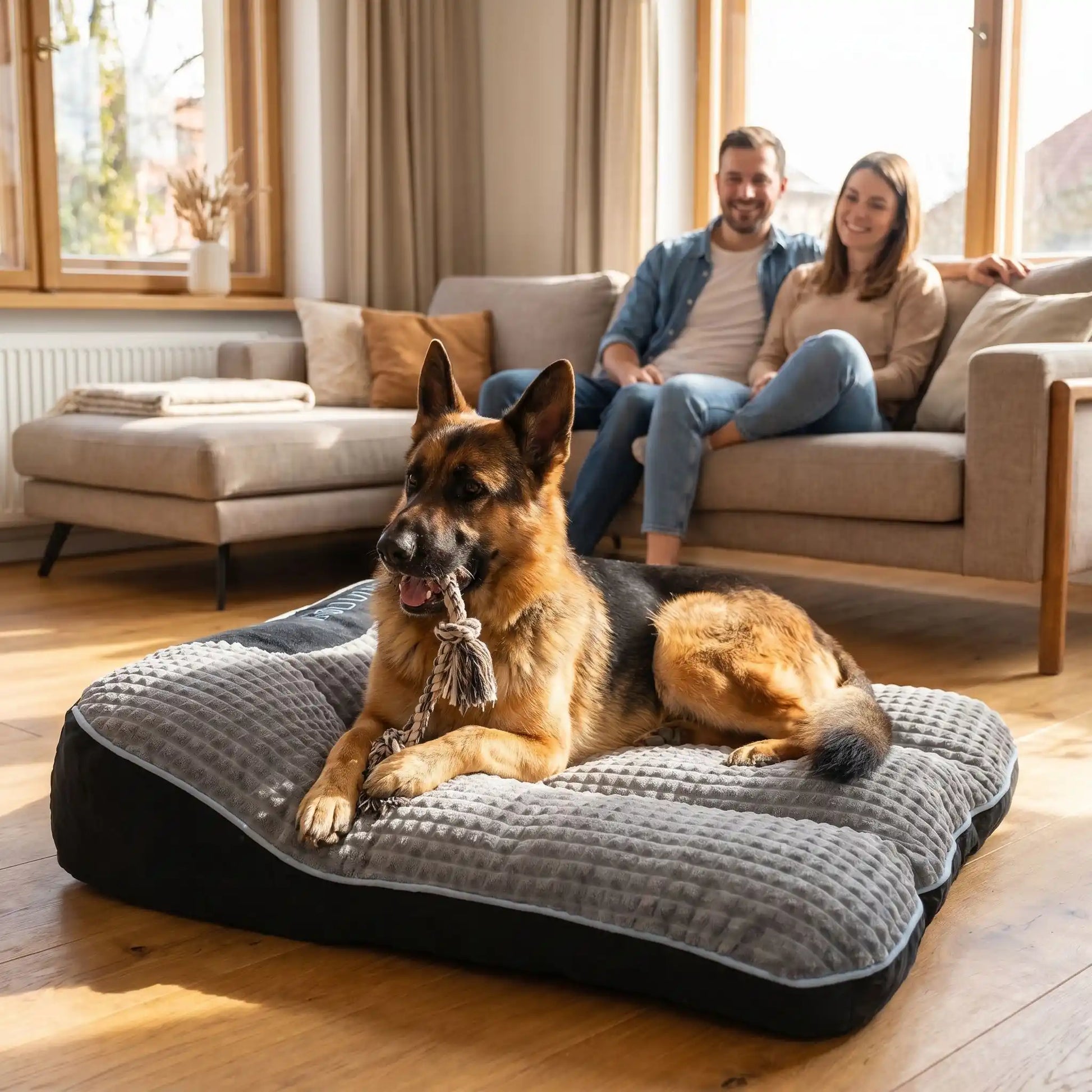 Lits-pour-chiens et chiots et solide, résistant aux griffes et morsures, tissu imperméable et velours doux , rembourrage 100% coton haute densité technologie anti-affaissement, antidérapant, matelas épais et ergonomique avec oreiller en couleur gris foncé, disponible en 4 tailles S,M,L et XL pour chiot et chien de 0 à 45 kg-un Chien de grande race qui mord son jouet en corde couché confortablement sur le grand lit xl hypoallergénique de couleur gris à côté de ses maitres dans le salon de l'appartement