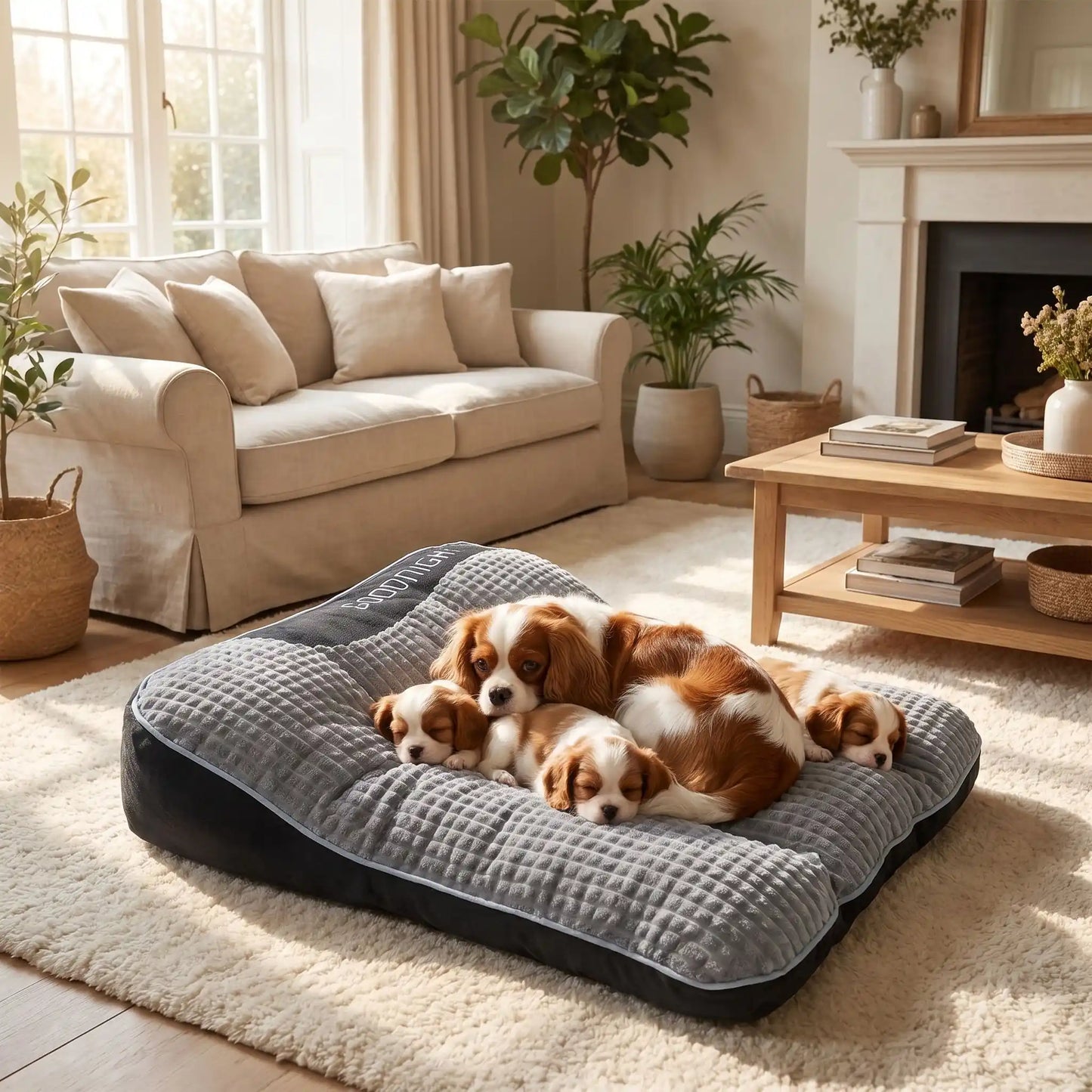 Lits-pour-chiens et chiots et solide, résistant aux griffes et morsures, tissu imperméable et velours doux , rembourrage 100% coton haute densité , antidérapant, matelas épais et ergonomique avec oreiller en couleur gris foncé, disponible en 4 tailles S,M,L et XL pour chiot et chien de 0 à 45 kg-un chien de taille moyenne avec ses bébés chiots qui se reposent paisiblement sur le grand lit de taille L, de 100 cm de longueur, hypoallergénique de couleur gris dans le salon de la maison