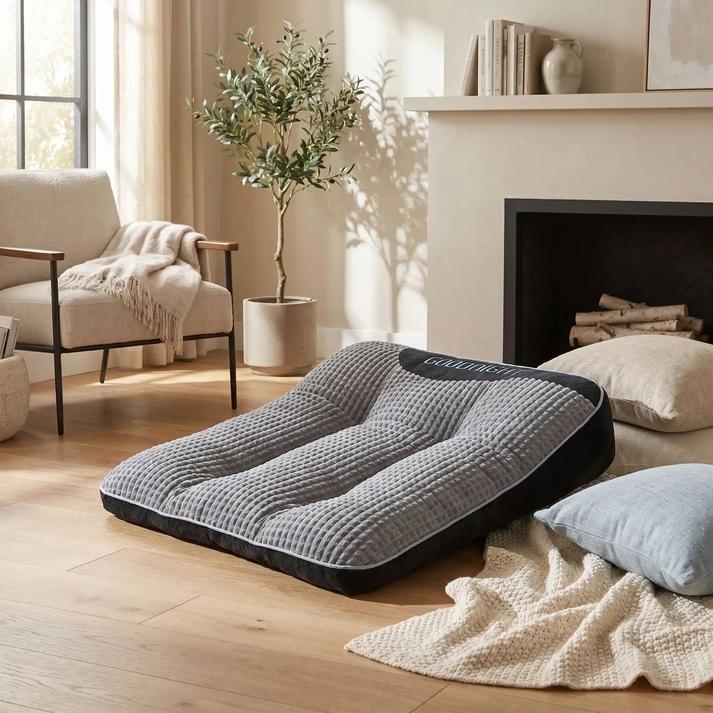 Lits-pour-chiens et chiots et solide, résistant aux griffes et morsures, tissu imperméable et velours doux , rembourrage 100% coton haute densité technologie anti-affaissement, antidérapant, matelas épais et ergonomique avec oreiller en couleur gris foncé, disponible en 4 tailles S,M,L et XL pour chiot et chien de 0 à 45 kg-gros plan sur le grand lit xl hypoallergénique de couleur gris pour chiot et chien de petite, moyenne et grande taille dans le salon lifestyle de la maison