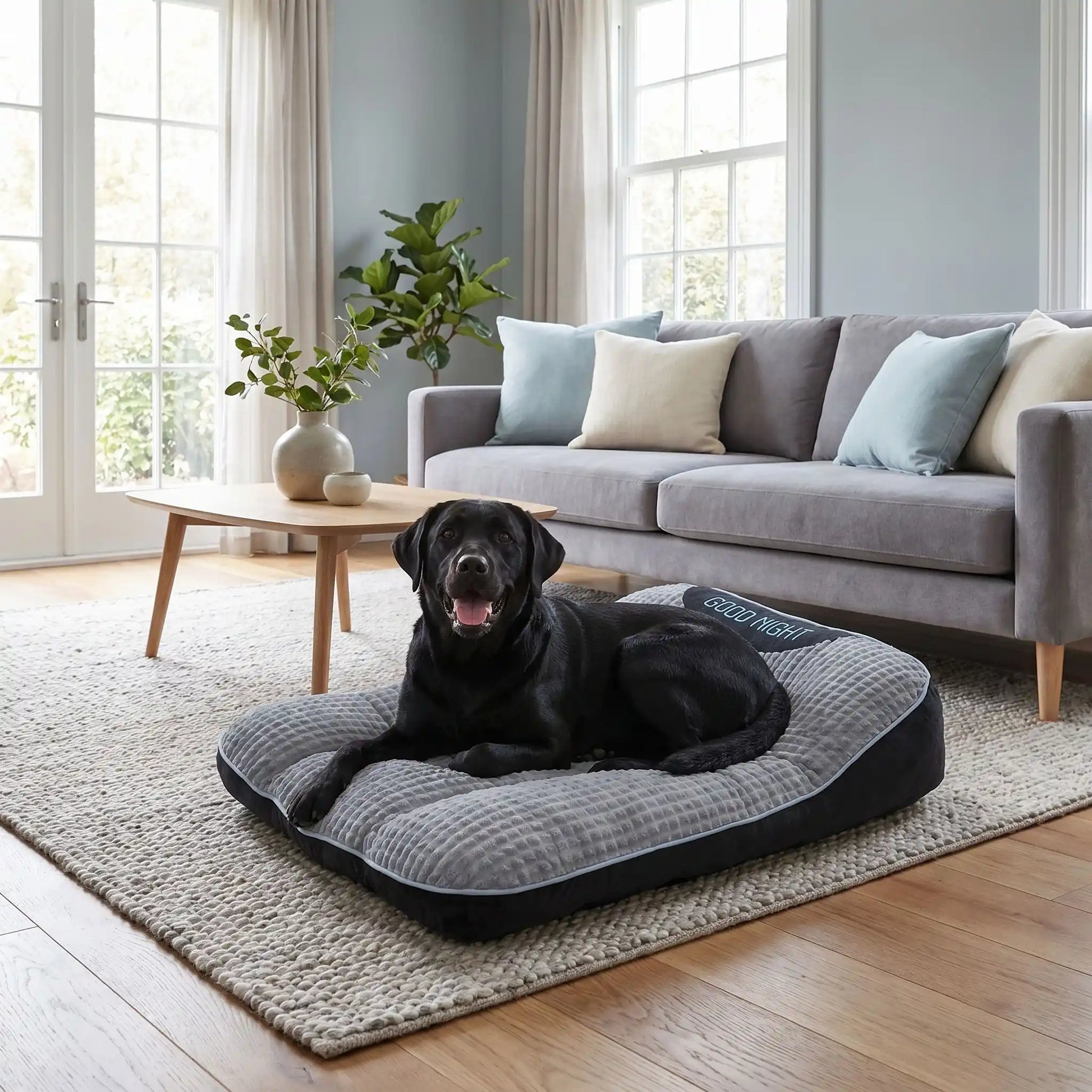 Lits-pour-chiens et chiots et solide, résistant aux griffes et morsures, tissu imperméable et velours doux , rembourrage 100% coton haute densité technologie anti-affaissement, antidérapant, matelas épais et ergonomique avec oreiller en couleur gris foncé, disponible en 4 tailles S,M,L et XL pour chiot et chien de 0 à 45 kg-un grand chien couché confortablement sur le lit taille xl hypoallergénique, solide, durable et moelleux de couleur gris foncé dans le salon de l'appartement