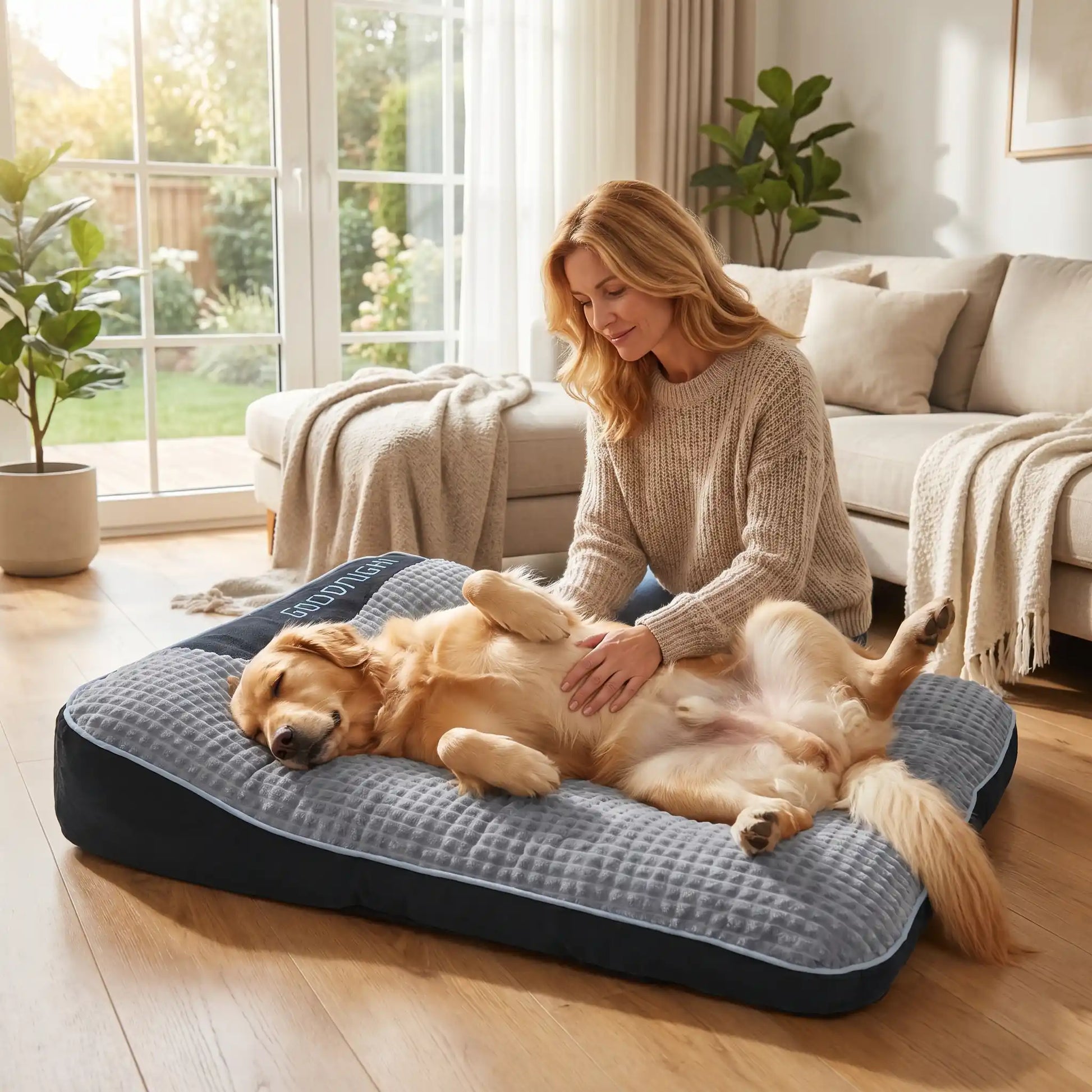 Lits-pour-chiens et chiots et solide, résistant aux griffes et morsures, tissu imperméable et velours doux , rembourrage 100% coton haute densité , antidérapant, matelas épais et ergonomique avec oreiller en couleur gris foncé, disponible en 4 tailles S,M,L et XL pour chiot et chien de 0 à 45 kg-un ghien de grande taille qui se fait caresser le ventre par sa maitresse , les pattes en l'air sur son grand lit xl de 120 cm de long et de couleur gris dans le salon de l'appartement