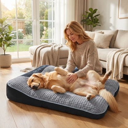 Lits-pour-chiens et chiots et solide, résistant aux griffes et morsures, tissu imperméable et velours doux , rembourrage 100% coton haute densité , antidérapant, matelas épais et ergonomique avec oreiller en couleur gris foncé, disponible en 4 tailles S,M,L et XL pour chiot et chien de 0 à 45 kg-un ghien de grande taille qui se fait caresser le ventre par sa maitresse , les pattes en l'air sur son grand lit xl de 120 cm de long et de couleur gris dans le salon de l'appartement