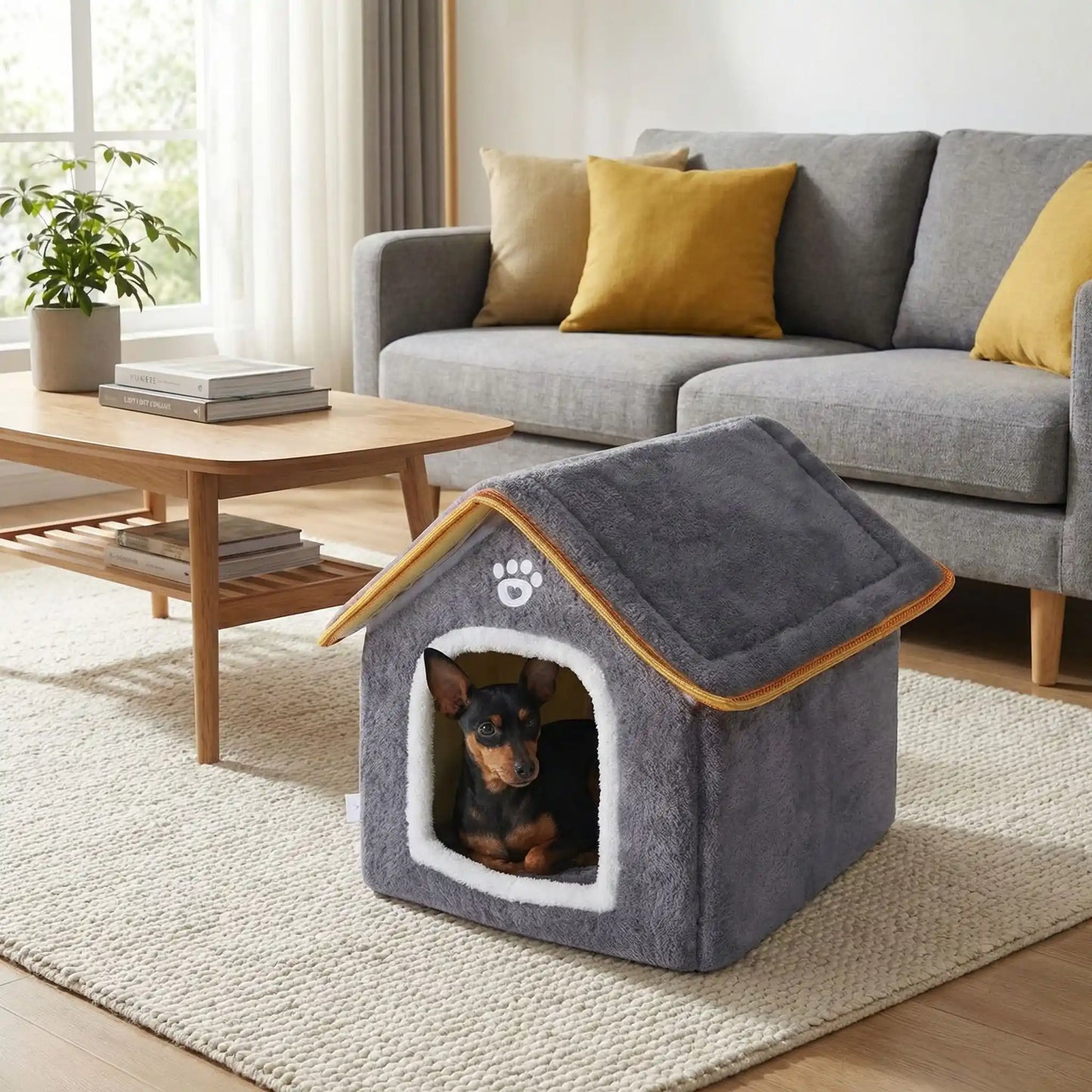 Maison-chien-intérieure-chiot-mini, pliable, légère et transportable, avec matériau isolant efficace contre le bruit et du froid, niche antidérapante, lavable en machine avec toit amovible, de couleur grise pour chiot et chien de 0 à 5 kg, disponible en taille XS et S- un petit chien couché confortablement dans sa petite maison grise avec le design de pattes de chien mignon sur l'entrée de la niche avec toit rigide dans le salon de l'appartement
