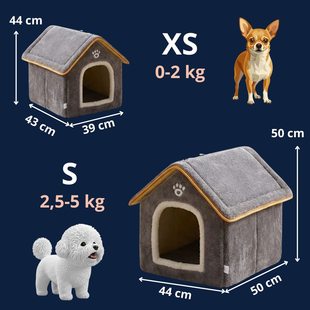 Maison-chien-intérieure-chiot-mini, pliable, légère et transportable, avec matériau isolant efficace contre le bruit et du froid, niche antidérapante, lavable en machine avec toit amovible, de couleur grise pour chiot et chien de 0 à 5 kg, disponible en taille XS et S- guide des tailles et dimesnions détaillées en 3D pour chiot et chien de petite taille avec correspondance du poids du chien
