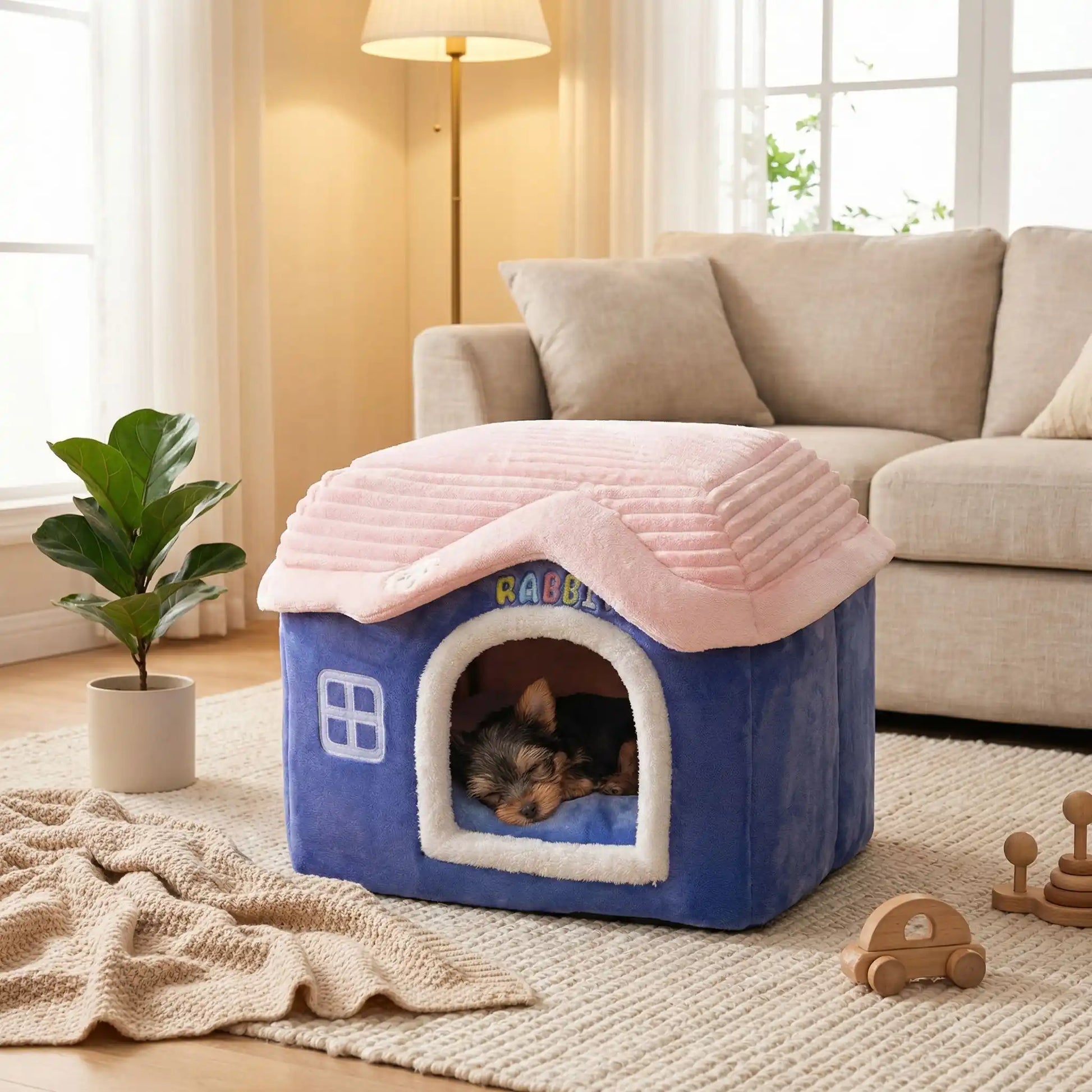 Maison-interieure-pour-chien-chiot-lavable, antidérapant, pliable avec toit, déhoussable et lavable en machine avec son coussin intérieur amovible au rembourrage 100% coton haute densité pour chiot et chien de petite race et petite taille de 0 à 4 kilos- un chiot Yorkshire qui dort paisiblement dans la mini niche pour chien sur le coussin intérieur en velours doux de couleurs bleu et rose dans le salon de l'appartement