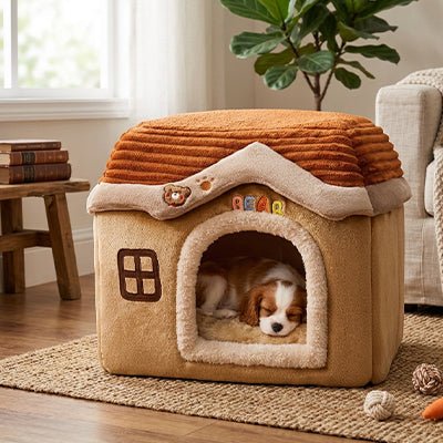 Maison-interieure-pour-chien-chiot-lavable, antidérapant, pliable avec toit, déhoussable et lavable en machine avec son coussin intérieur amovible au rembourrage 100% coton haute densité pour chiot et chien de petite race et petite taille de 0 à 4 kilos- un chiot cavalier king charles qui dort paisiblement dans la mini niche pour chien sur le coussin intérieur en velours doux de couleurs marron dans le salon de la maison